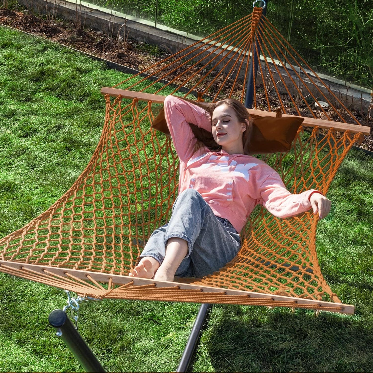 PNAEUT Double Rope Hammock with Stand Included, 12ft Heavy Duty Stand, 2 Person Traditional Cotton Rope Hammocks with Pillow for Outside Porch Patio Backyard Outdoor, Max 475lbs Capacity (Burlywood)