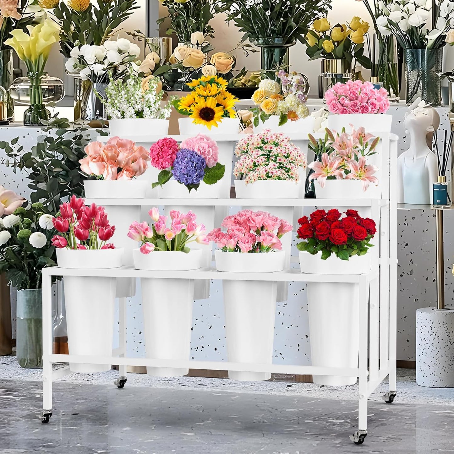 Flower Display Stand with 12 Buckets, Flower Cart White 3 Layers Metal Flowers Bar Stand with Wheels, Moving Florist Bouquet Shelf for Wedding Party Indoor Living Room Outdoor Patio Garden