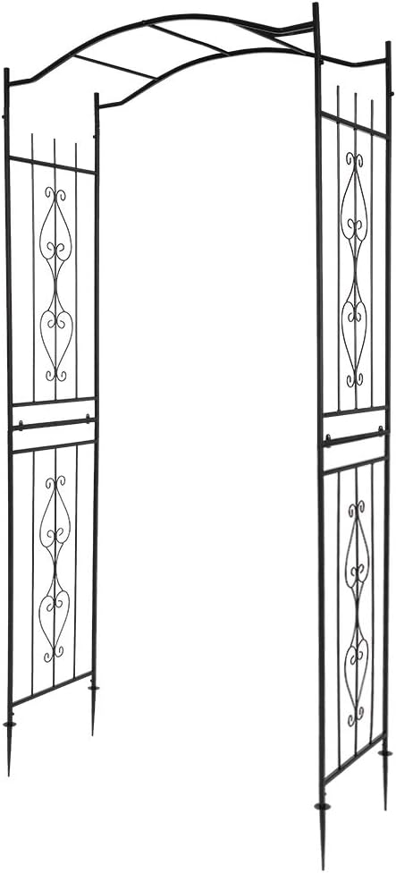 Outvita 7FT Garden Arch Arbor, Heavy Duty Metal Arbour Archway, Decorative Frame Stand Trellis with 7 Inch Ground Stakes for Wedding Ceremony Party Plant Climbing Rose Vines Lawn Courtyard Patio Black