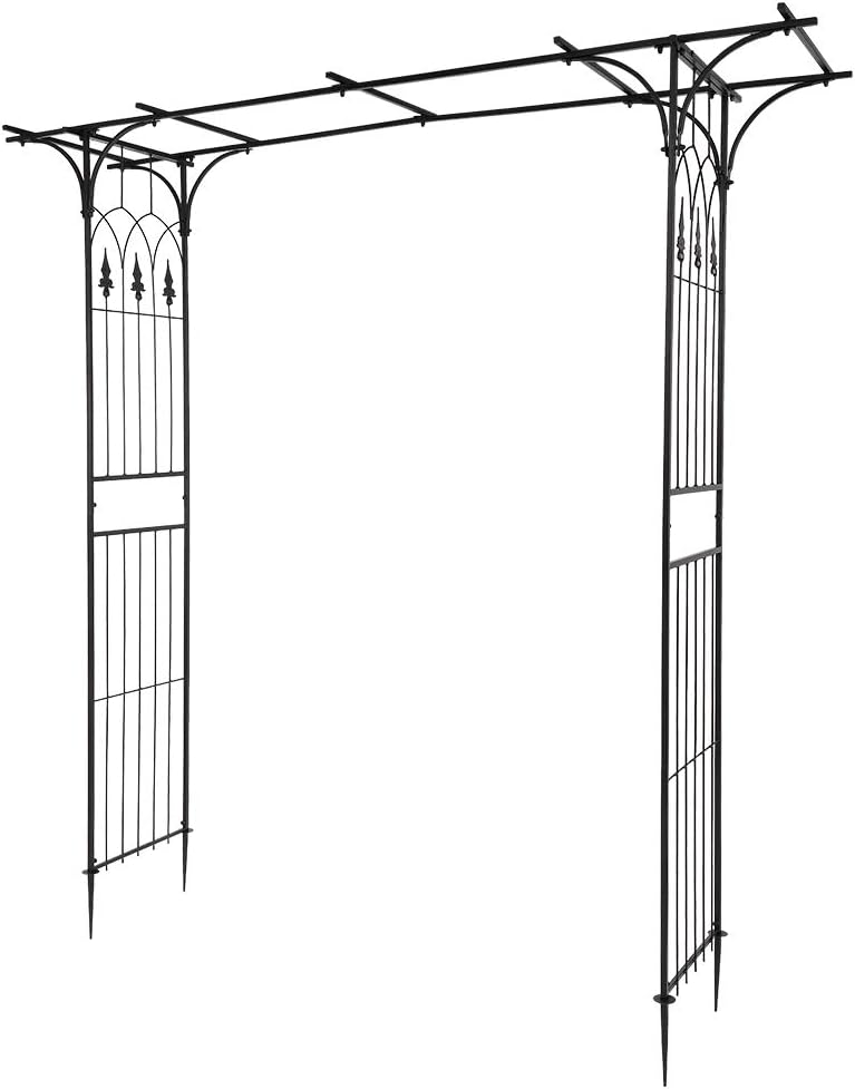 Outvita 7FT Garden Arch Arbor, Heavy Duty Metal Arbour Archway, Decorative Frame Stand Trellis with 7 Inch Ground Stakes for Wedding Ceremony Party Plant Climbing Rose Vines Lawn Courtyard Patio Black