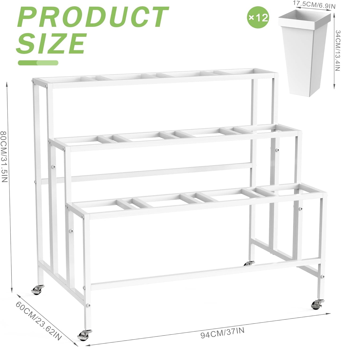 Flower Display Stand with 12 Buckets, 3 Layers Flower Cart White Metal Flower Bar Stand with Wheels, Moving Florist Bouquet Shelf for Indoor Outdoor Patio Garden Weddings Florist Living Room