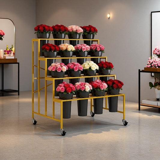 Flower Stand With 16 Buckets, Flower Cart Display Stand With Wheels, 4 Layers Metal Flower Bar For Florist Bouquet Shelf Weddings Party Ceremony Indoor Outdoor Patio Garden(Gold Rack+Black Bucket)