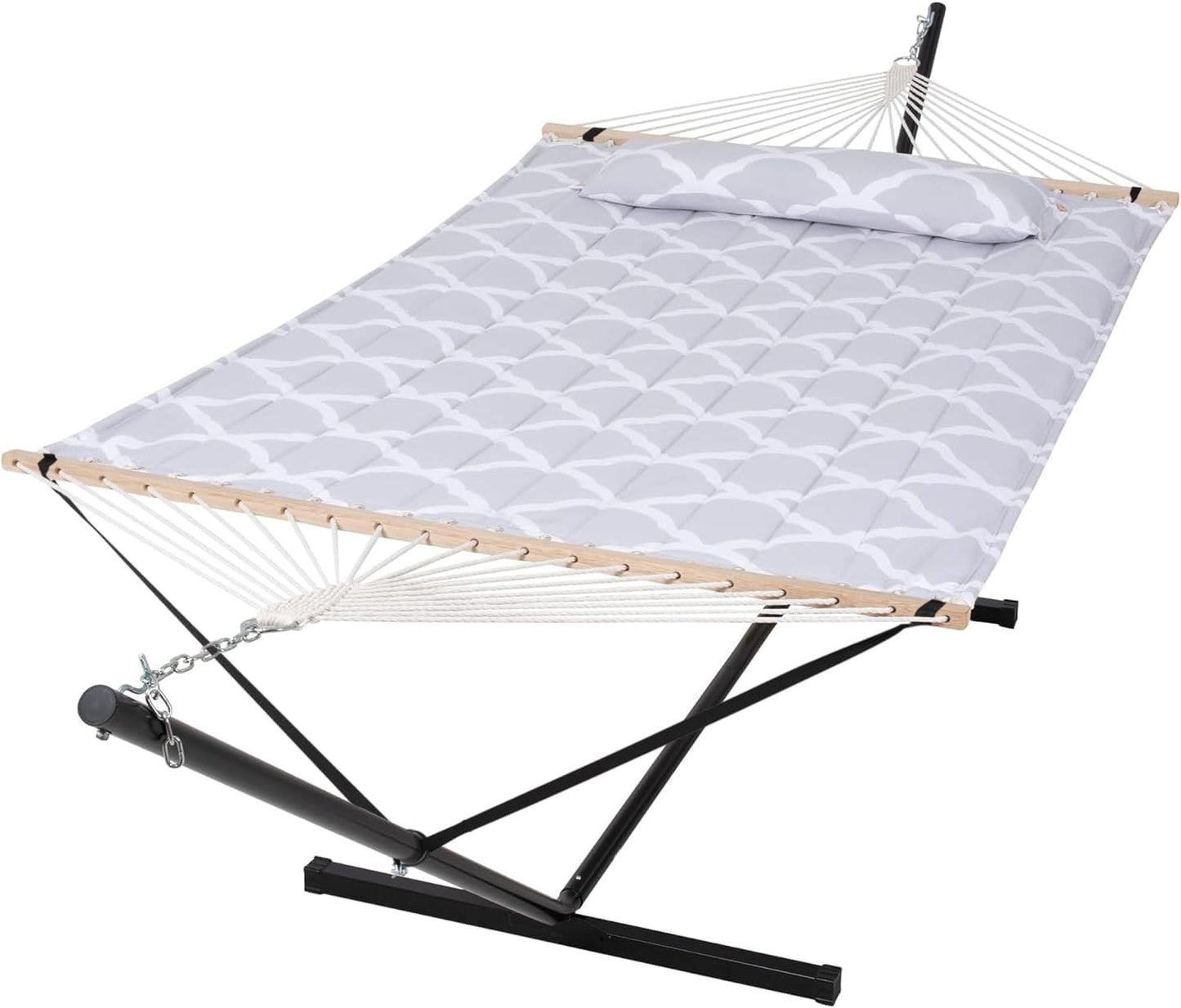 SUNCREAT 55 Inch Extra Large Double Hammock with Stand, 475lbs Capacity, Outdoor Portable Hammock with Hardwood Spreader Bar, Extra Large Pillow, Grey
