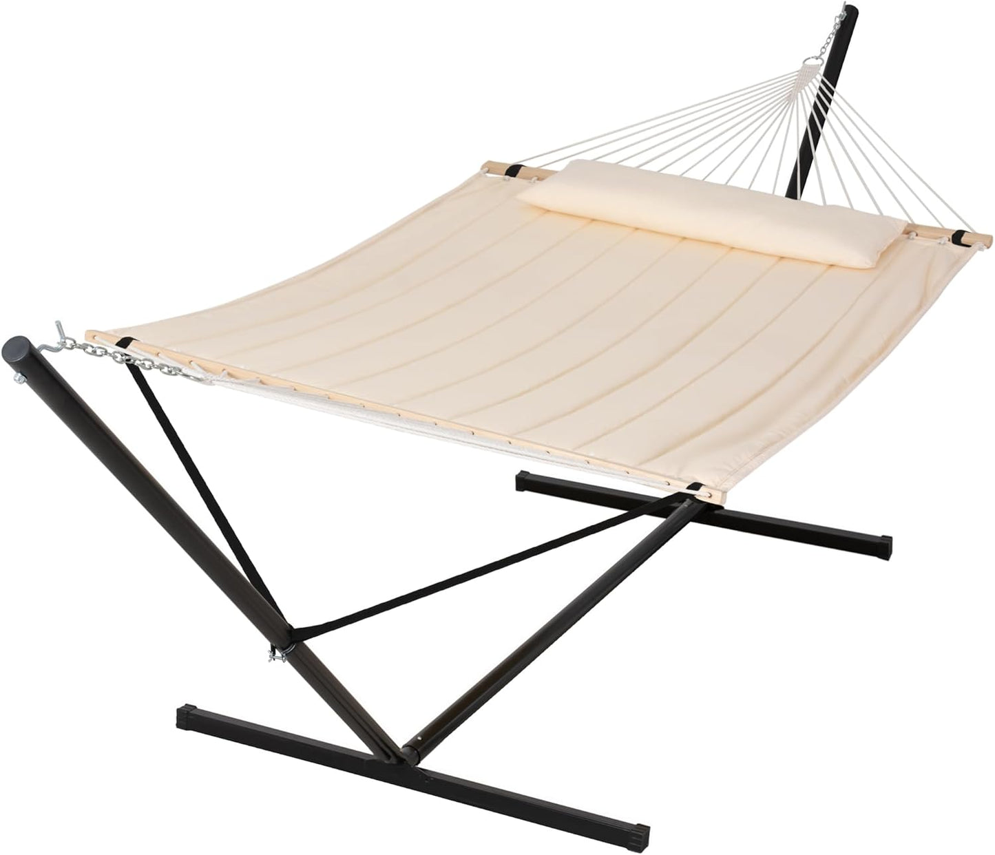 SUNCREAT 55 Inch Extra Large Double Hammock with Stand, 475lbs Capacity, Outdoor Portable Hammock with Hardwood Spreader Bar, Extra Large Pillow, Grey