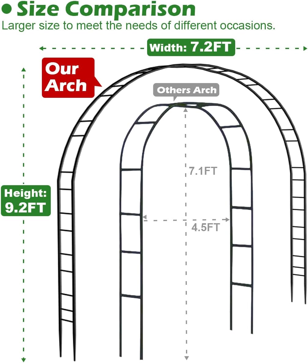 Queension Extra Large Garden Arch 7.2Ft Wide 9.2Ft High, Wedding Arch for Ceremony, Outdoor Garden Trellis for Climbing Plant, Metal Balloon Arches Backdrop Stand with Prongs Base, Black