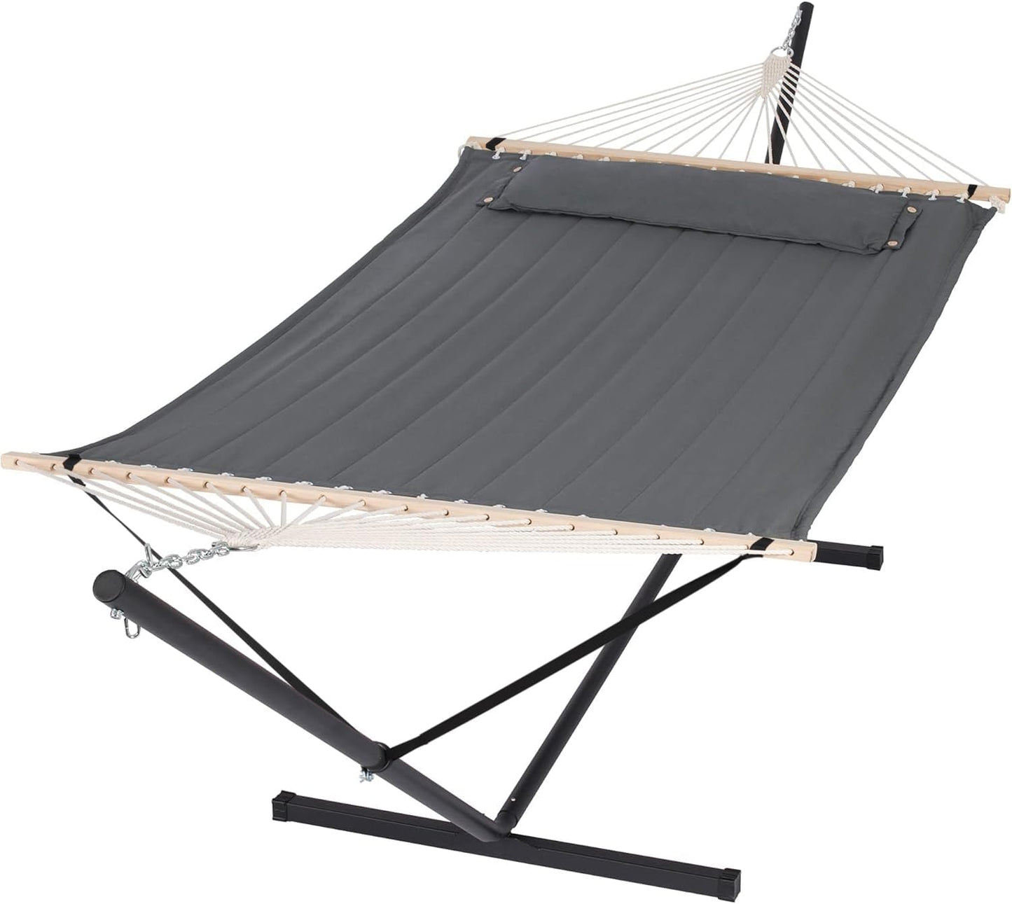 SUNCREAT 55 Inch Extra Large Double Hammock with Stand, 475lbs Capacity, Outdoor Portable Hammock with Hardwood Spreader Bar, Extra Large Pillow, Grey