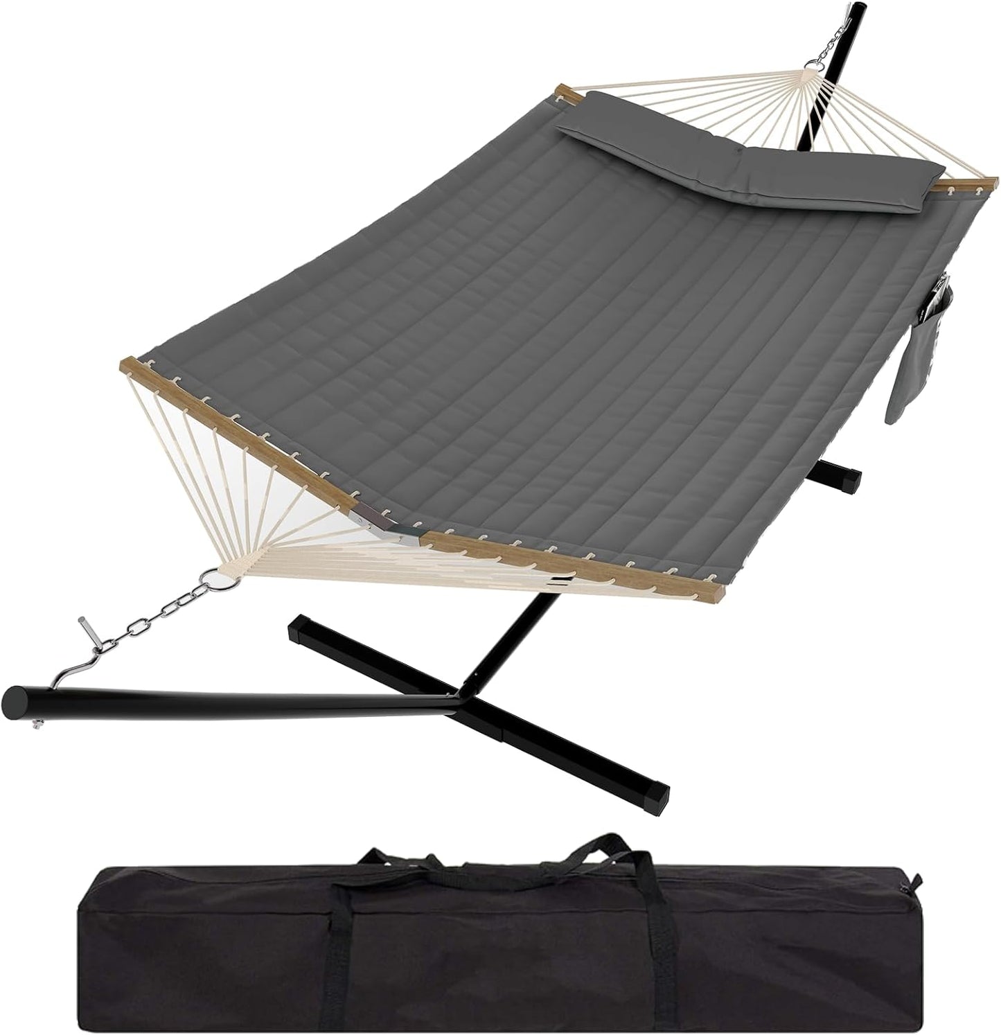 Instant-Setup 2-Person Hammock with Reinforced Steel Frame – Portable Outdoor Lounger for Garden, Camping & Beach (450lb Capacity + Quick-Fold Carry Bag),Blue-Green Stripes