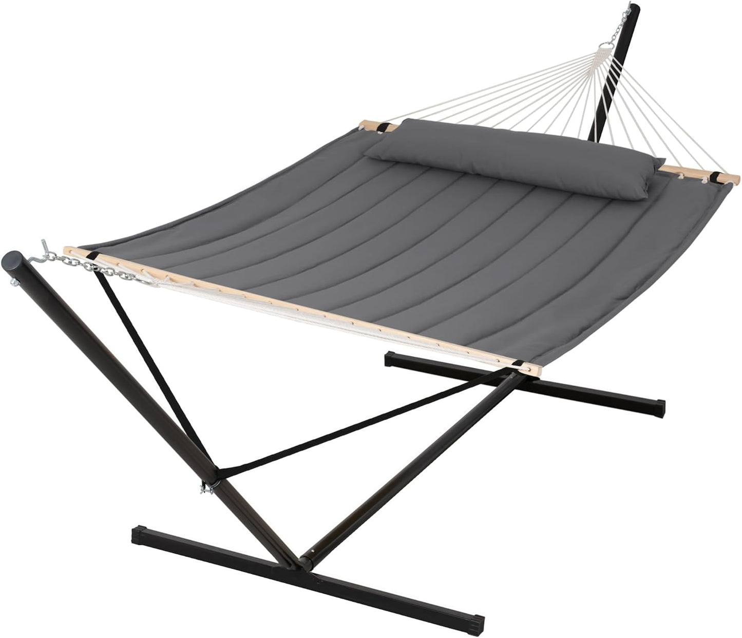 SUNCREAT 55 Inch Extra Large Double Hammock with Stand, 475lbs Capacity, Outdoor Portable Hammock with Hardwood Spreader Bar, Extra Large Pillow, Grey