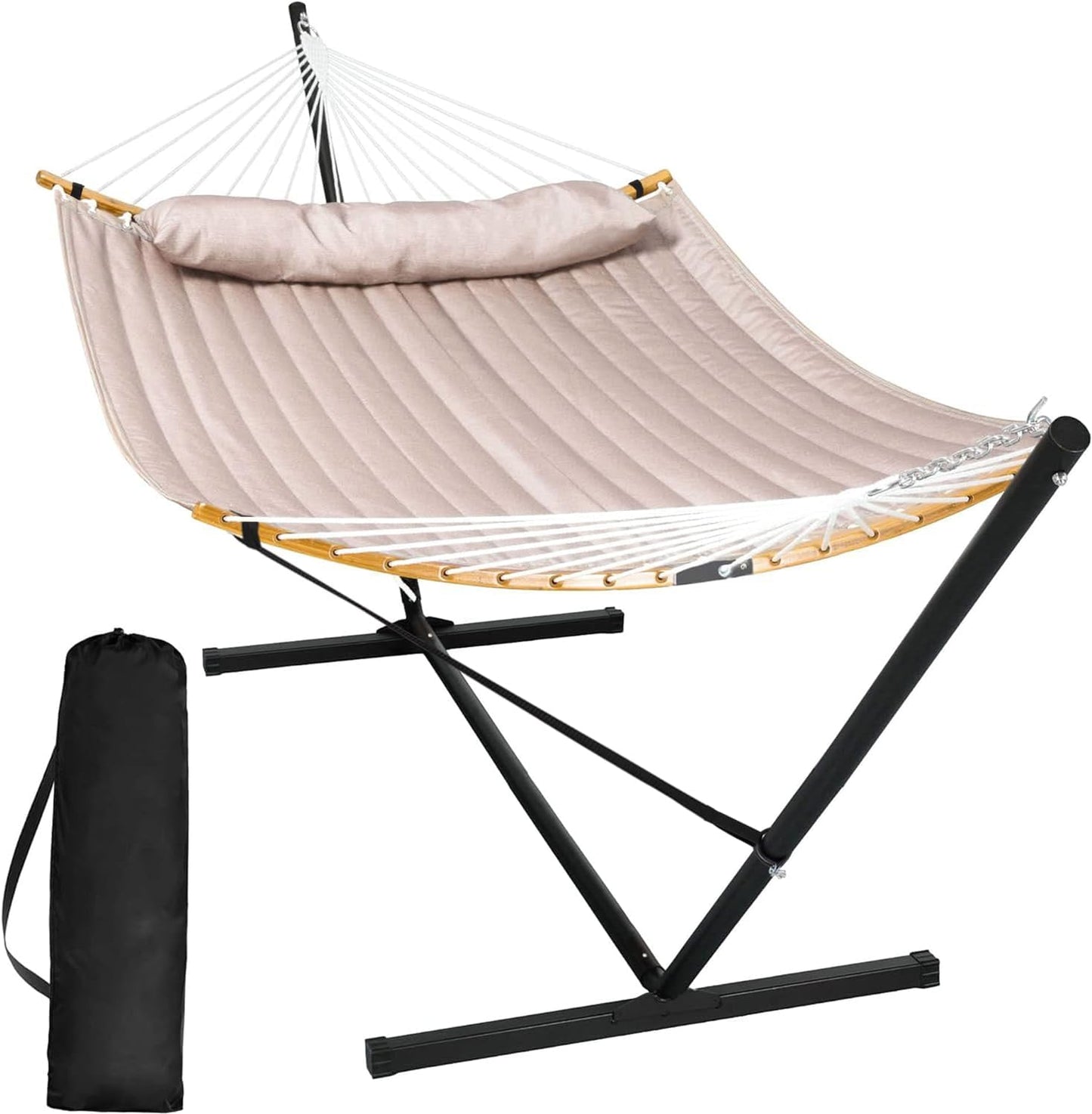 SUNCREAT Portable Outdoor Hammock with Stand, Heavy Duty Hammock with Carrying Bag, Soft Pillow, Balance Ropes, Dark Blue