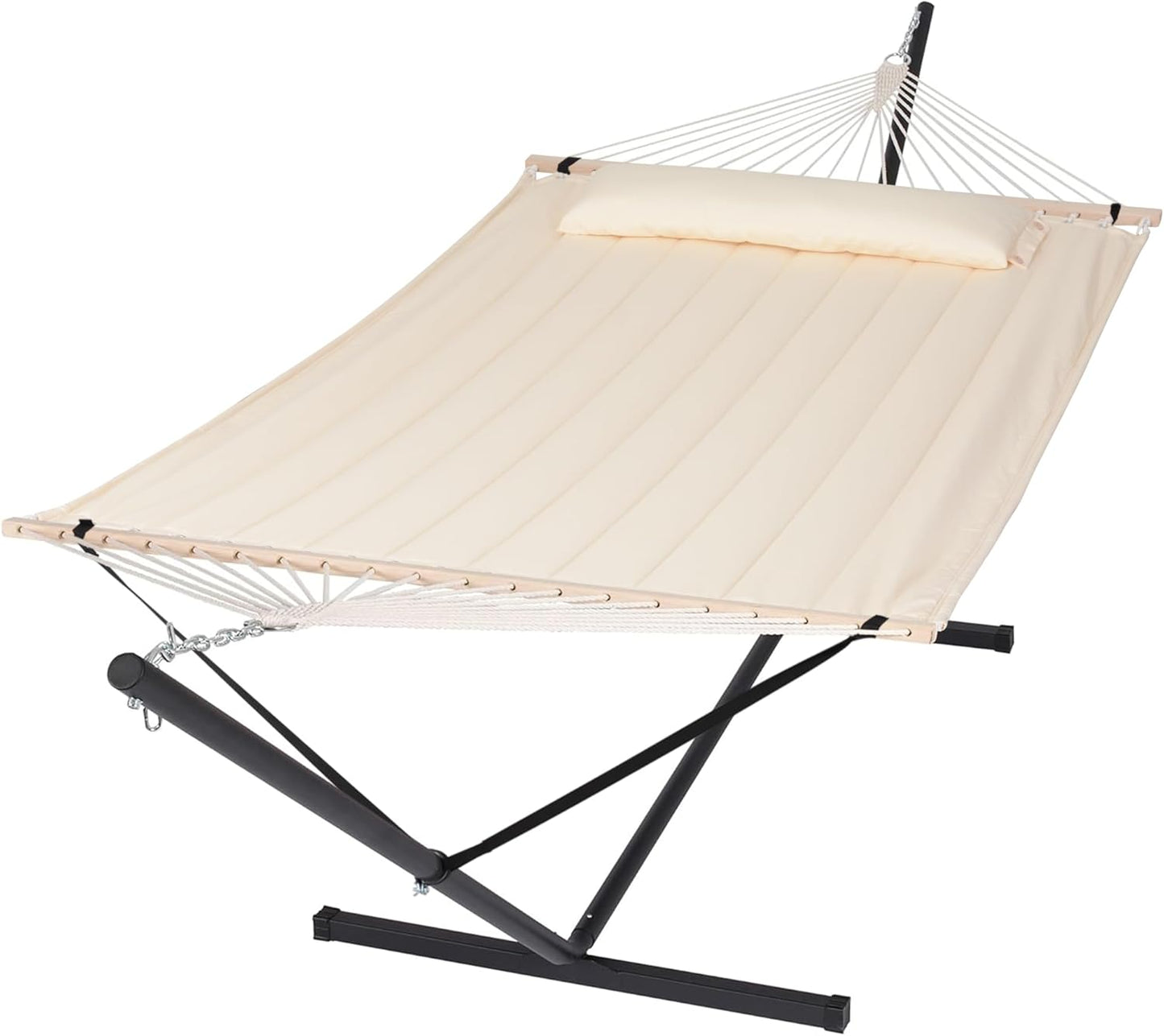 SUNCREAT 55 Inch Extra Large Double Hammock with Stand, 475lbs Capacity, Outdoor Portable Hammock with Hardwood Spreader Bar, Extra Large Pillow, Grey