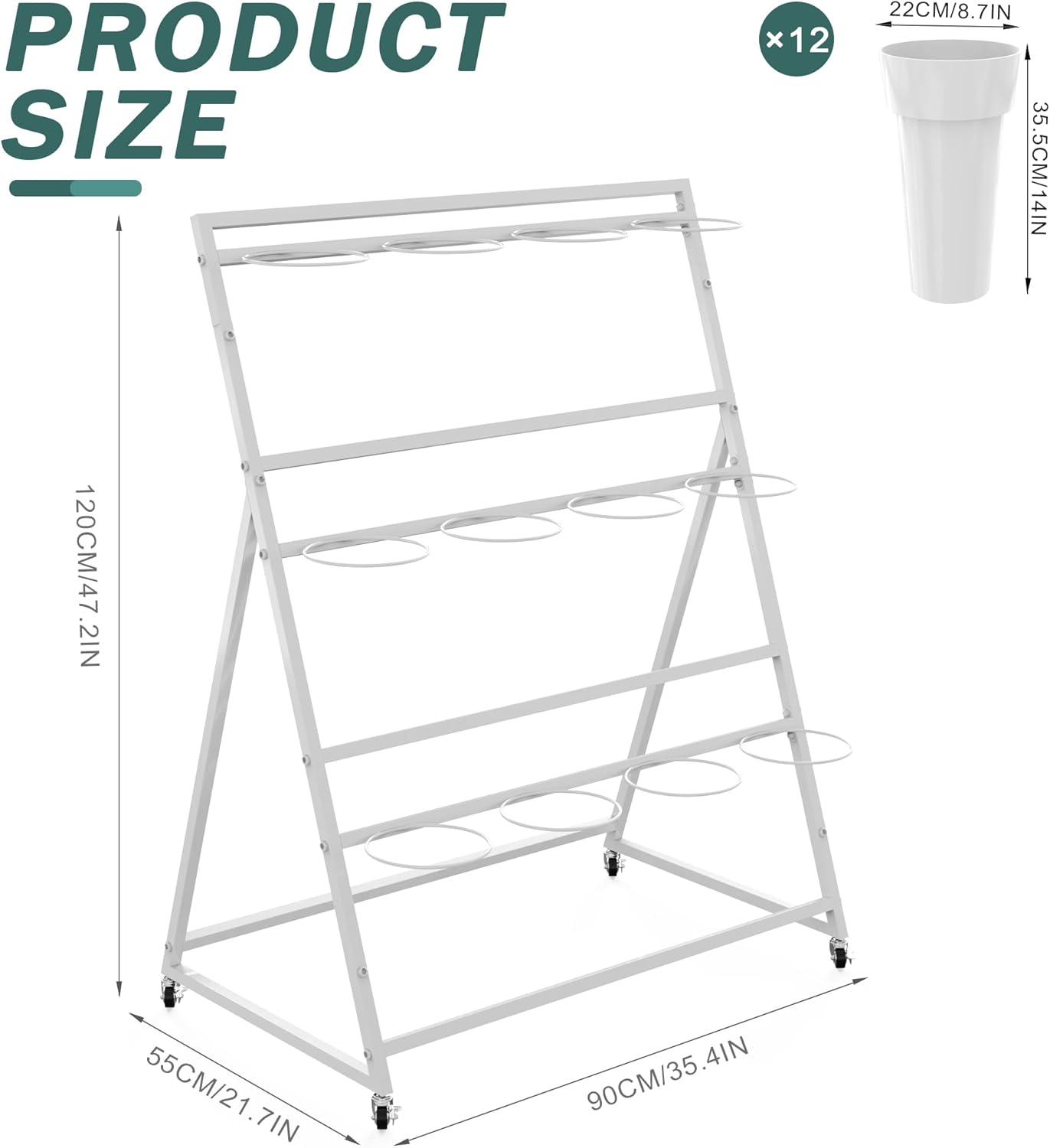 Asee'm Flower Display Stand with Buckets, 3-Layer Metal Flower Stand, Heavy Duty Movable Flower Bar with Wheels Flower Cart for Indoor Flower Shop Terrace Gardens Wedding Outdoor Flower Events White