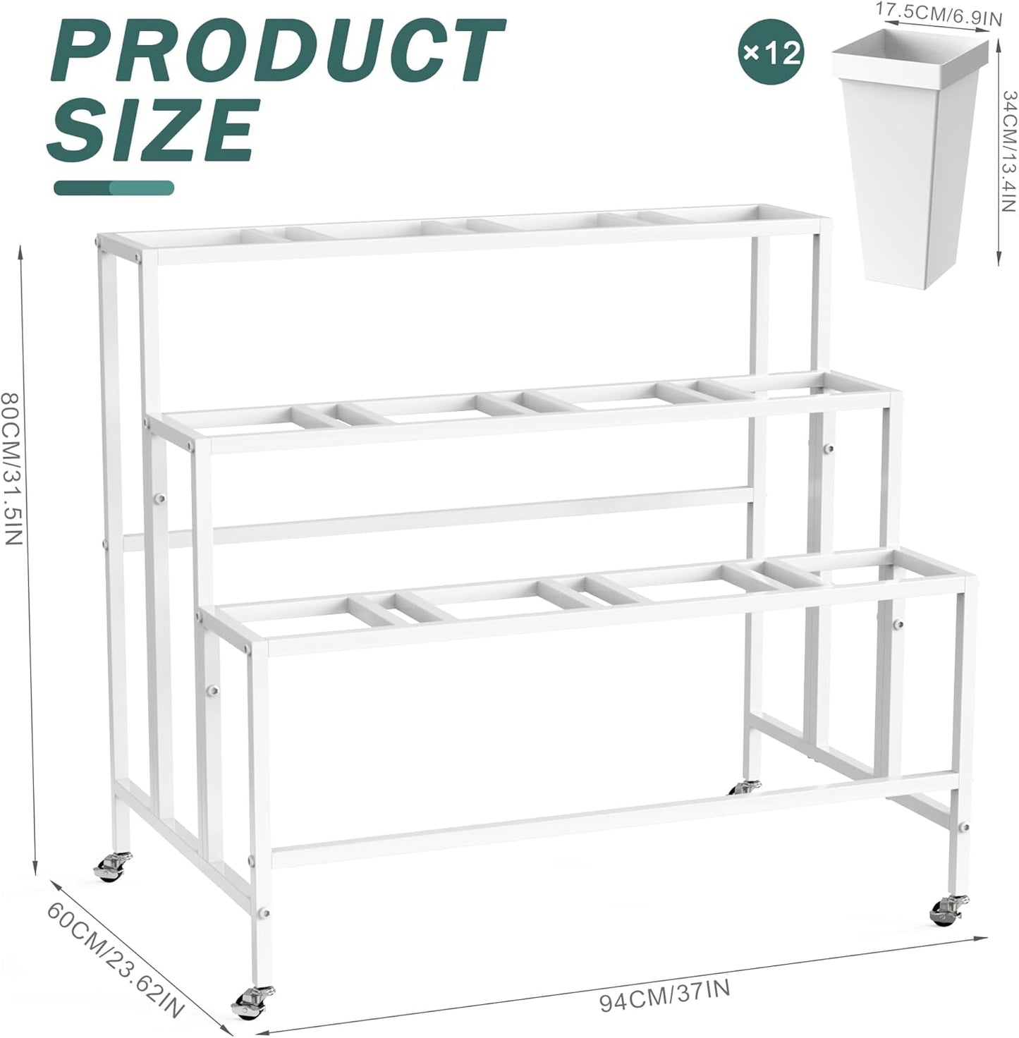 Asee'm Flower Display Stand with 12 Buckets, 3 Layer Metal Flower Bar Stand with Wheels Heavy Duty Moving Flowers Cart Display Bloom Bar for Florist Indoor Outdoor Patio Garden Wedding Dector White