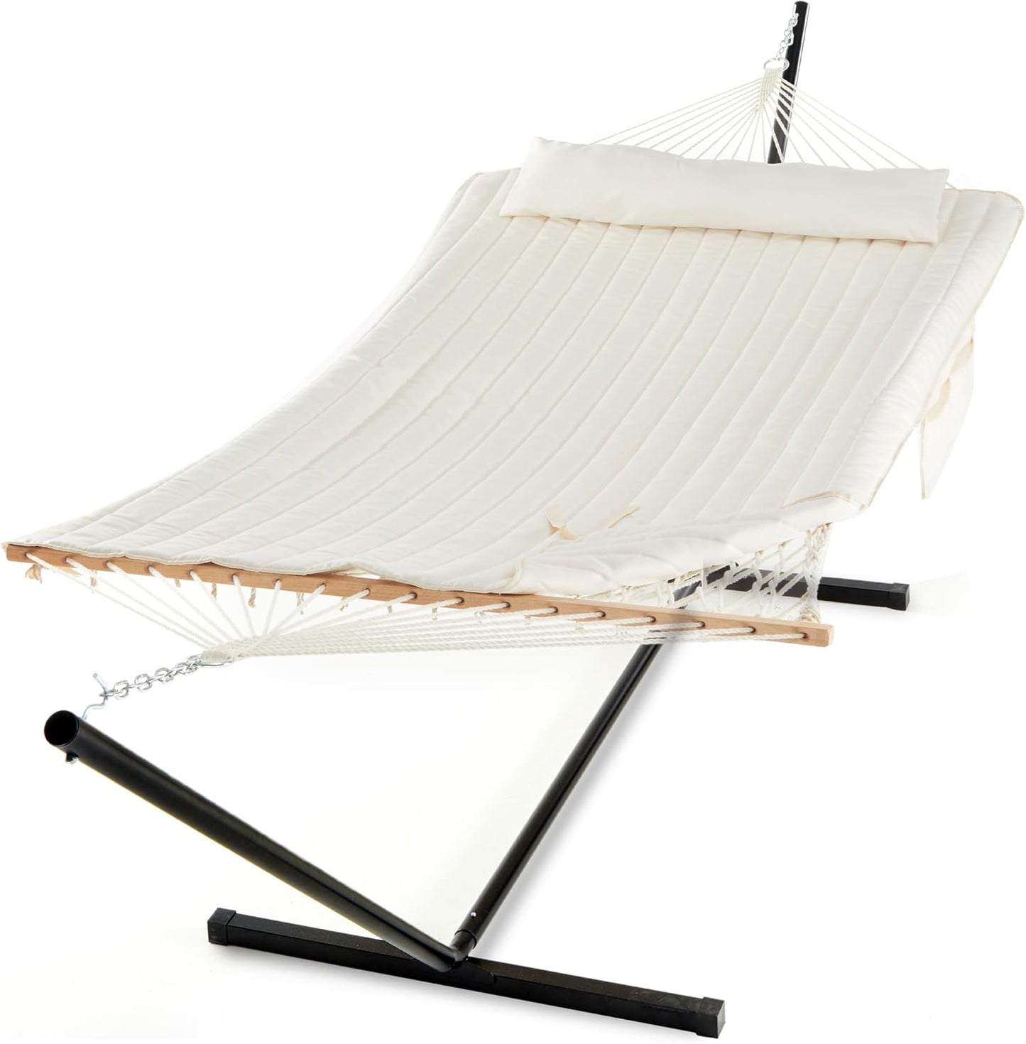 PNAEUT Double Rope Hammock with Stand Included, 12ft Heavy Duty Stand, 2 Person Traditional Cotton Rope Hammocks with Pillow for Outside Porch Patio Backyard Outdoor, Max 475lbs Capacity (Burlywood)