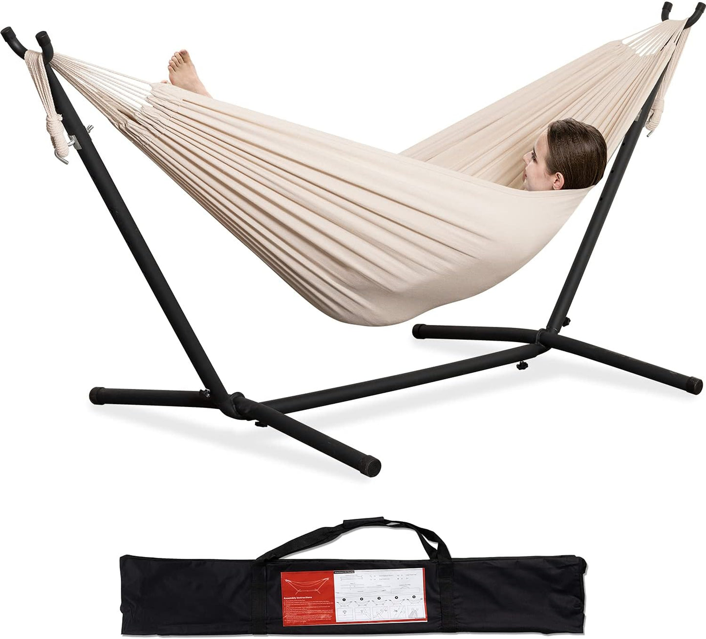 PNAEUT Double Hammocks with Stand for Outside, Portable Space Saving Heavy-Duty Steel Stand for Indoor Outdoor Patio with Carrying Bag, 450 lbs Capacity (Navy)