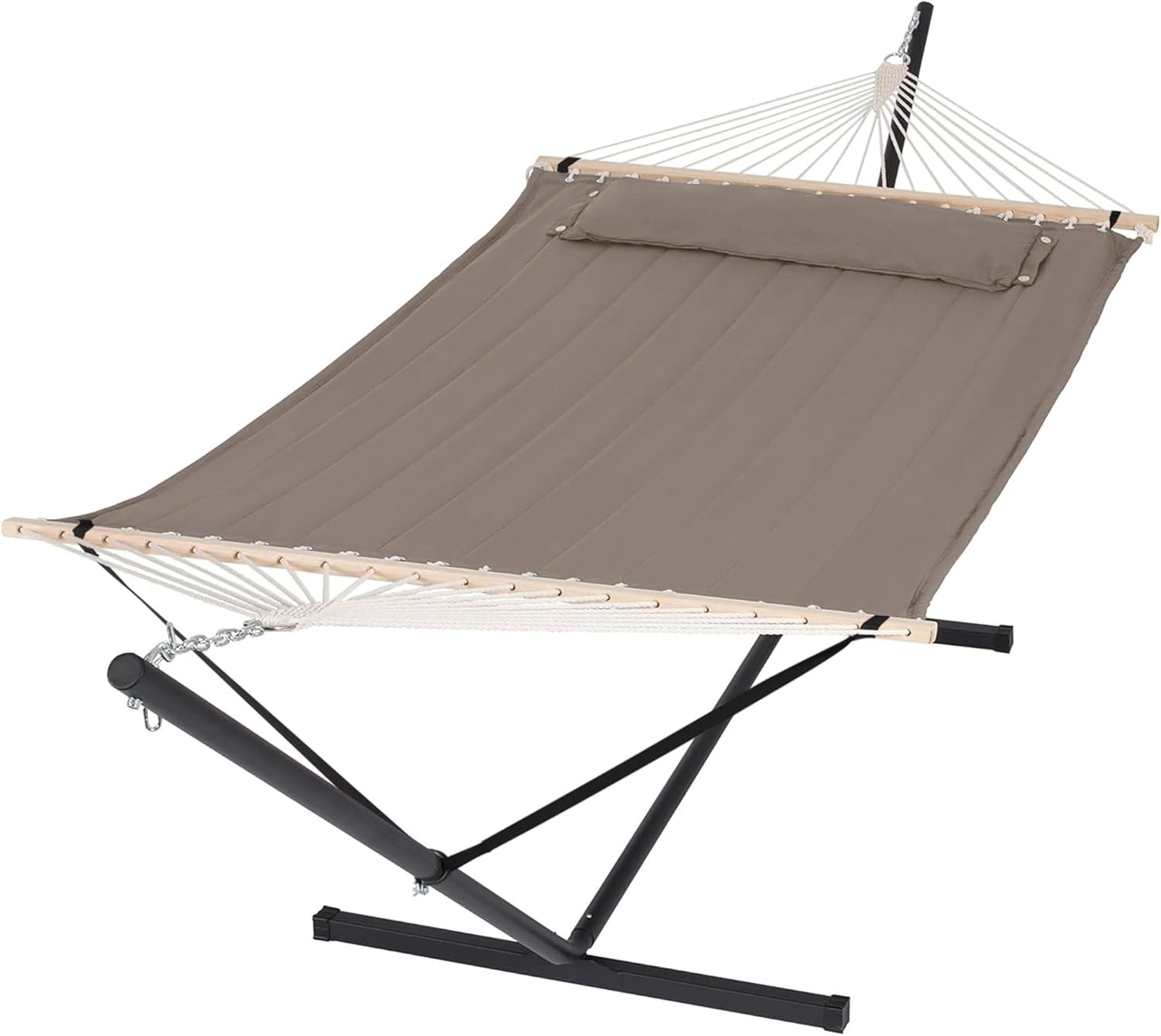 SUNCREAT 55 Inch Extra Large Double Hammock with Stand, 475lbs Capacity, Outdoor Portable Hammock with Hardwood Spreader Bar, Extra Large Pillow, Grey