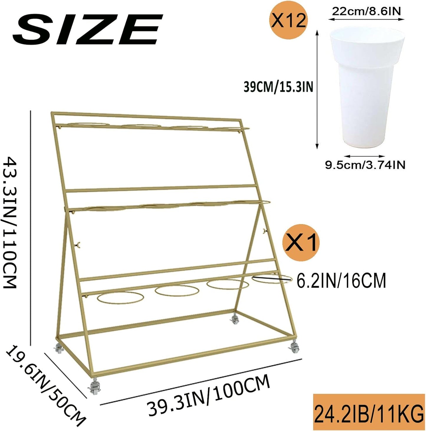 Flower Display Stand, 3 Layers Heavy Duty Moving Plant Cart Shelf With Wheels and Bucket, Wrought Iron Florist Shelf, for Patio Garden, Living Room, Outdoor Flower Pop-Up Events (Golden Iron Frame)