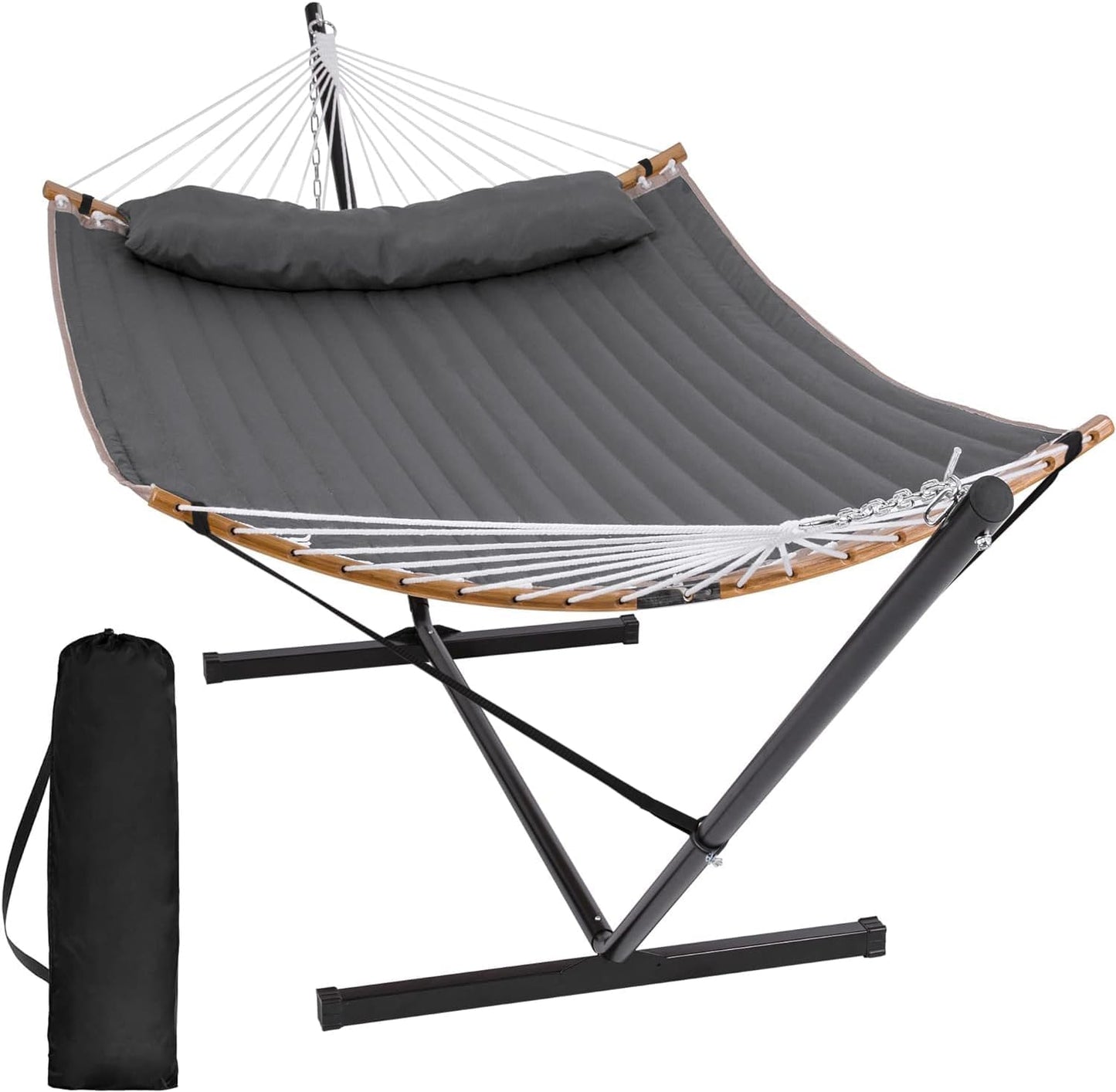 SUNCREAT Portable Outdoor Hammock with Stand, Heavy Duty Hammock with Carrying Bag, Soft Pillow, Balance Ropes, Dark Blue