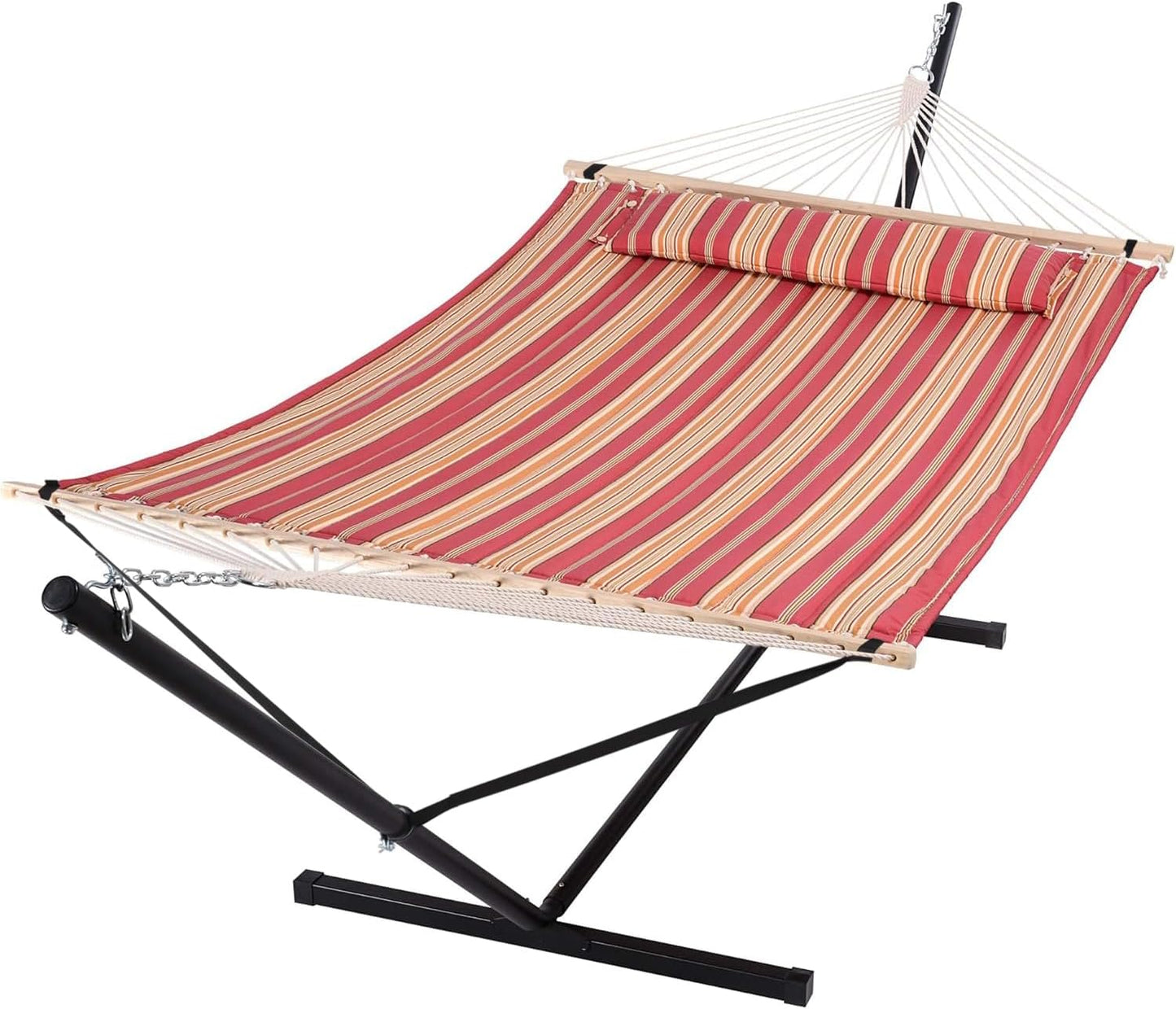 SUNCREAT 55 Inch Extra Large Double Hammock with Stand, 475lbs Capacity, Outdoor Portable Hammock with Hardwood Spreader Bar, Extra Large Pillow, Grey