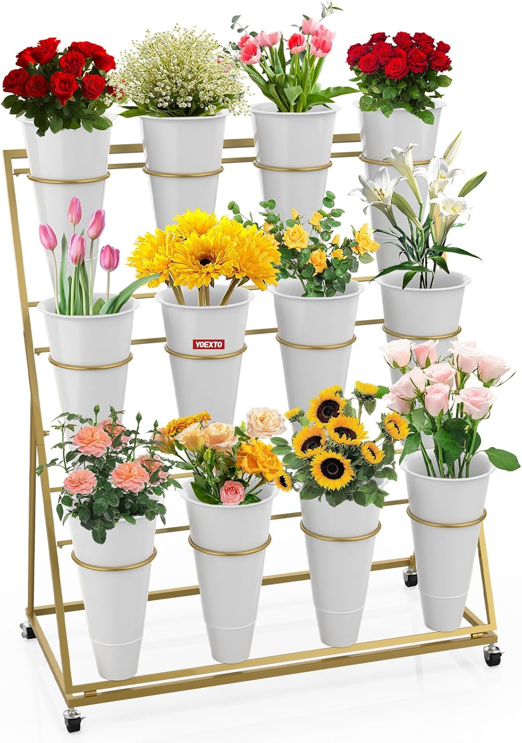 Flower Display Stand 4 Layers with 16 PCS Round Buckets, Plant Stand with Wheels, Movable Metal Plant Stand for Terrace Garden, Florist Shop