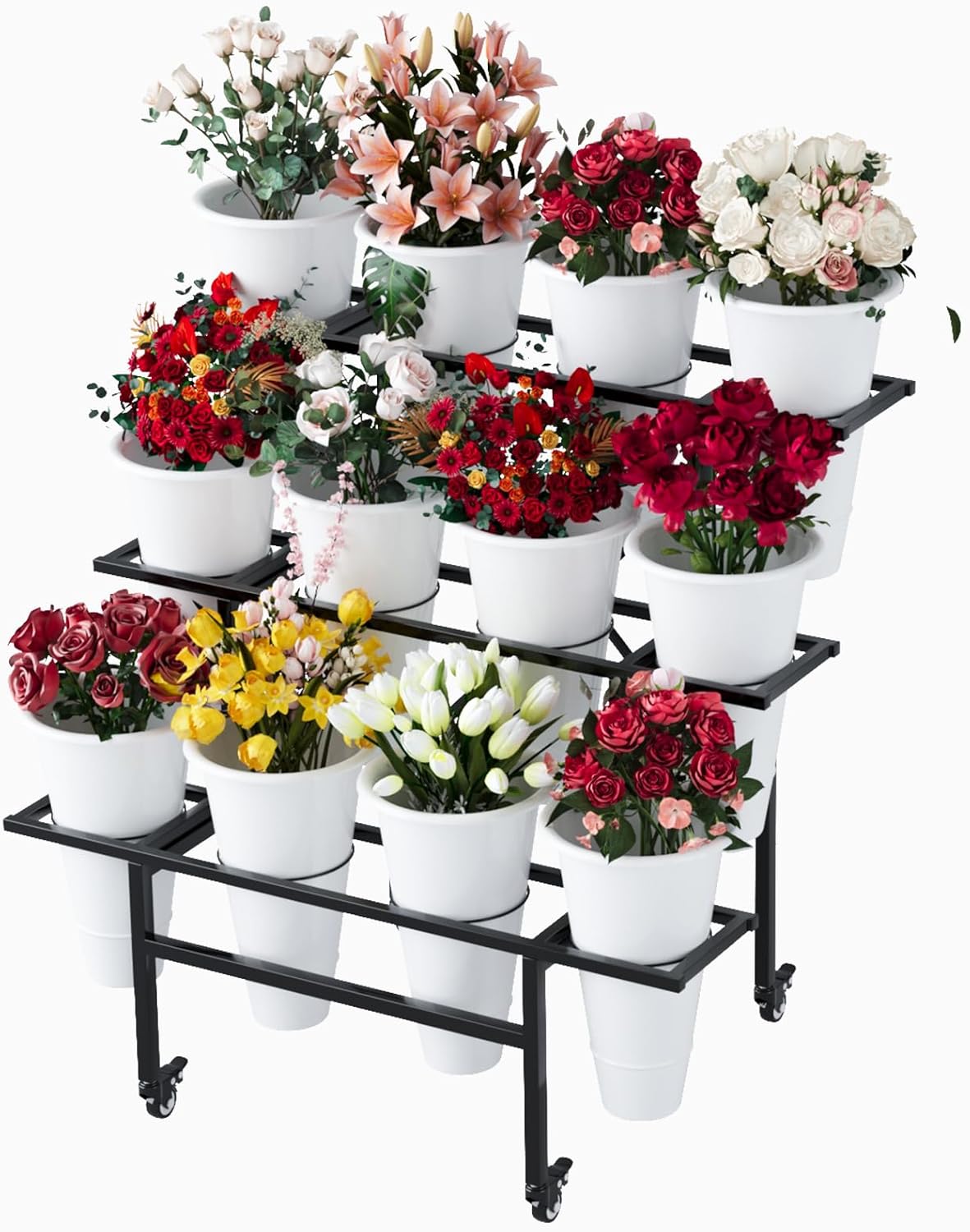 Zhongma Flower Display Stand with 16pcs Plastic Buckets for Fresh Flowers Heavy Duty Garden Cart Moving Flower Bucket Stand with Wheels.