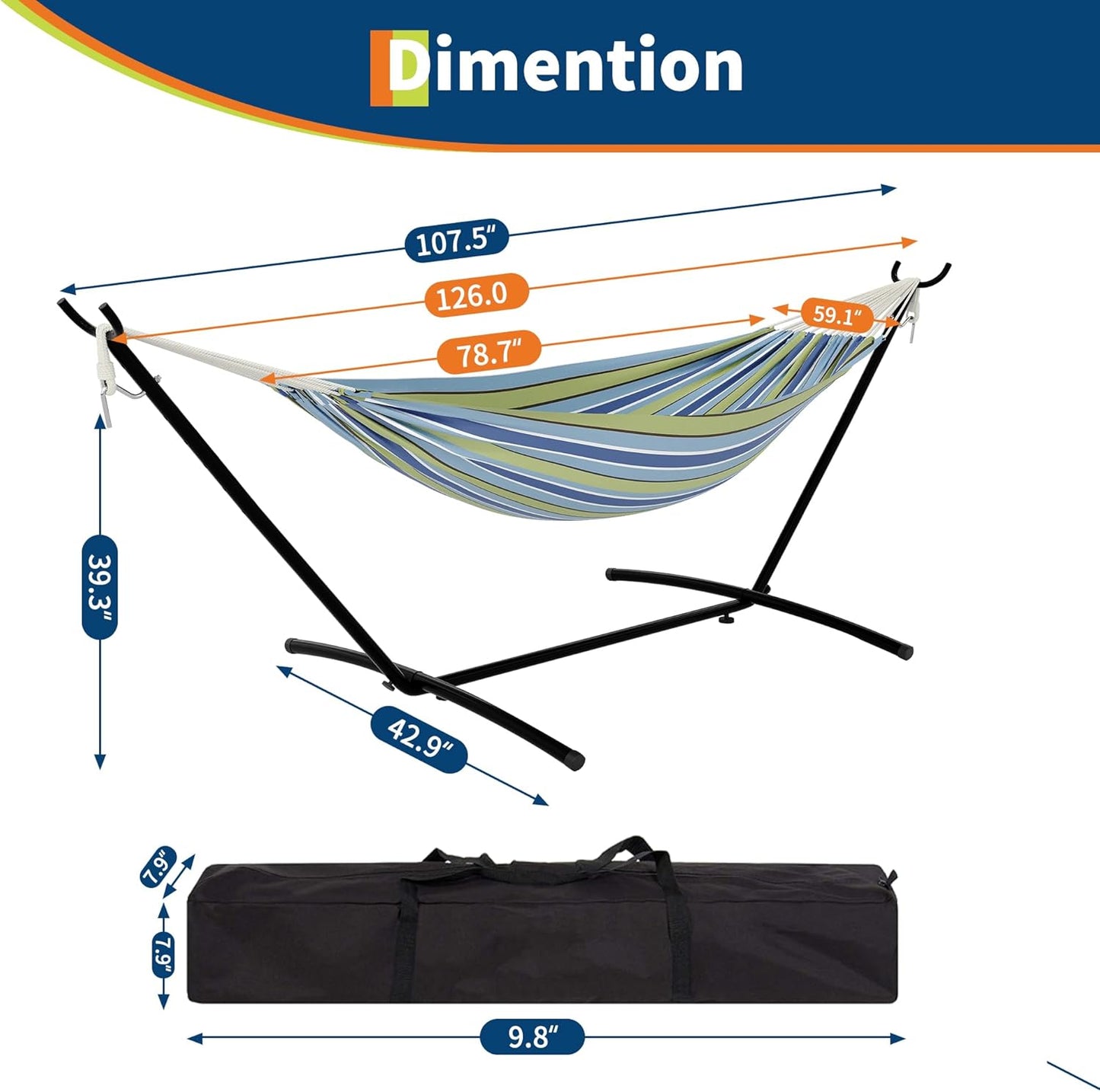 Instant-Setup 2-Person Hammock with Reinforced Steel Frame – Portable Outdoor Lounger for Garden, Camping & Beach (450lb Capacity + Quick-Fold Carry Bag),Blue-Green Stripes