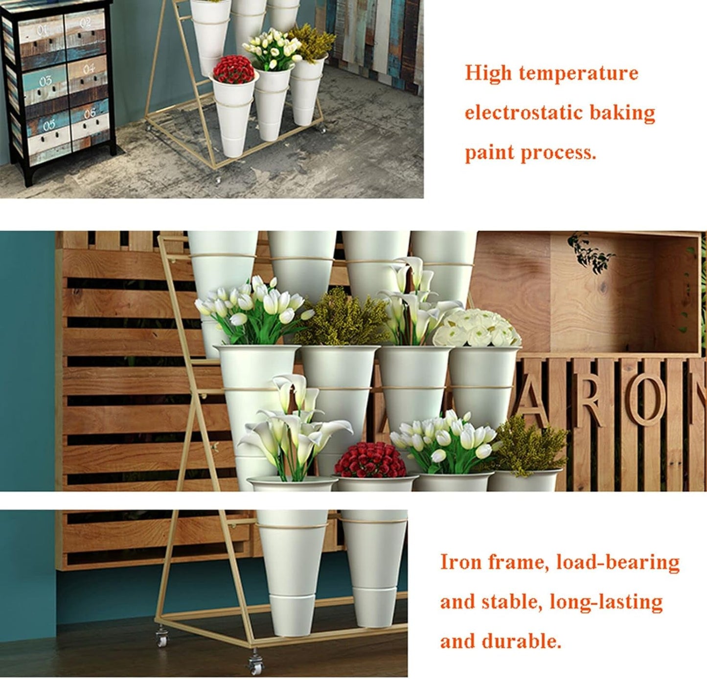 Flower Display Stand, 3 Layers Heavy Duty Moving Plant Cart Shelf With Wheels and Bucket, Wrought Iron Florist Shelf, for Patio Garden, Living Room, Outdoor Flower Pop-Up Events (Golden Iron Frame)