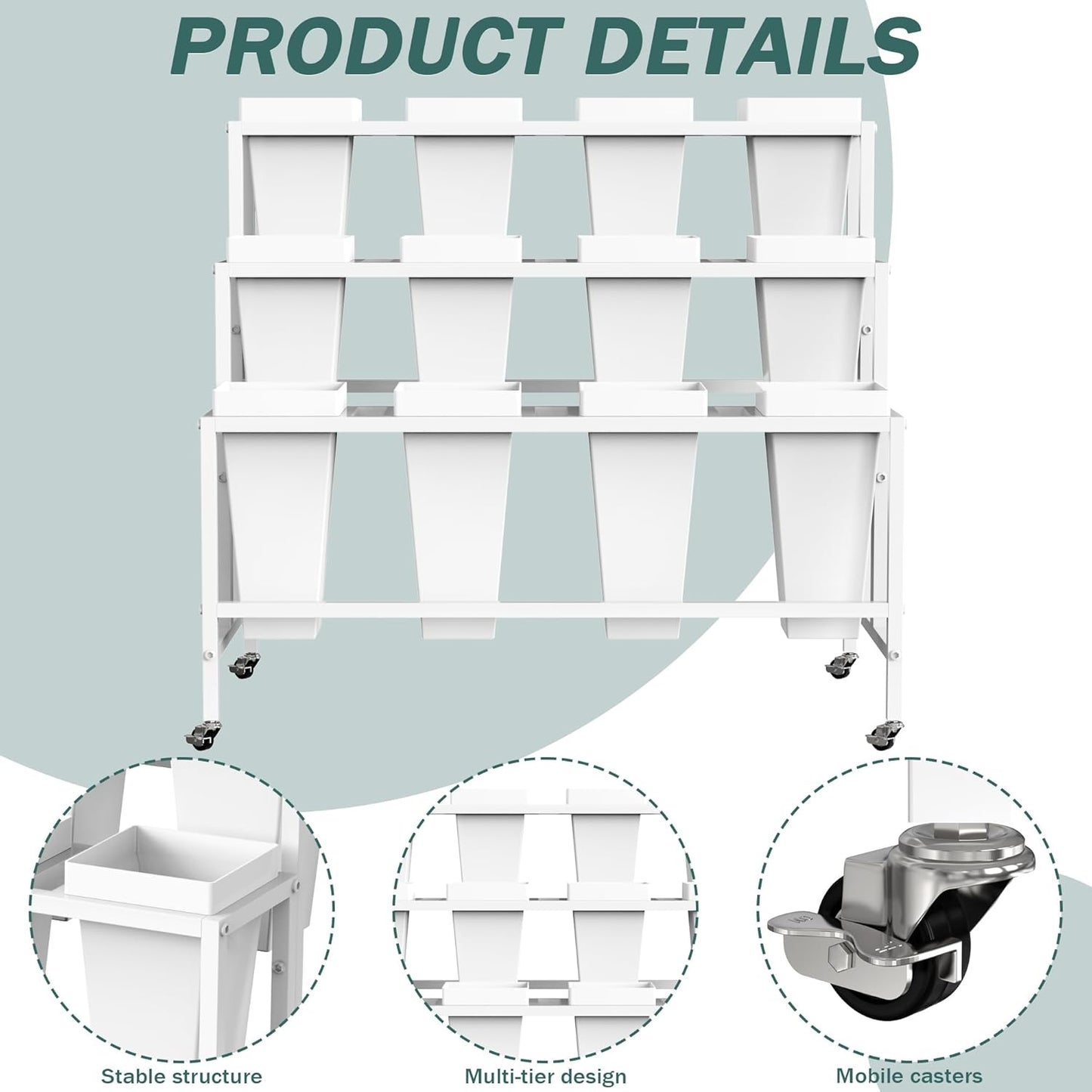 Asee'm Flower Display Stand with 12 Buckets, 3 Layer Metal Flower Bar Stand with Wheels Heavy Duty Moving Flowers Cart Display Bloom Bar for Florist Indoor Outdoor Patio Garden Wedding Dector White