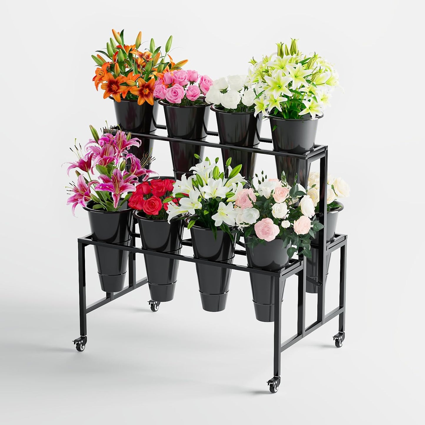 Zhongma Flower Display Stand with 16pcs Plastic Buckets for Fresh Flowers Heavy Duty Garden Cart Moving Flower Bucket Stand with Wheels.