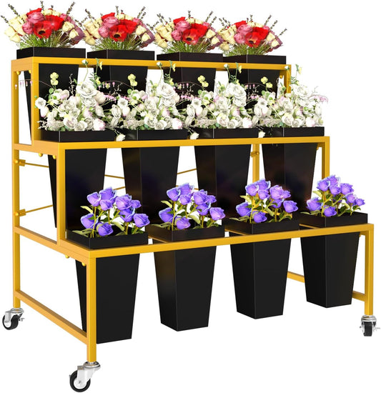 Flower Display Stand, 3 Tier Metal Plant Stand with 12pcs Plastic Flower Buckets, Moving Heavy Duty Flower Cart Flower Rack Indoor,Outdoor Patio,Garden,Living Room,Florist(with 12 black Buckets)