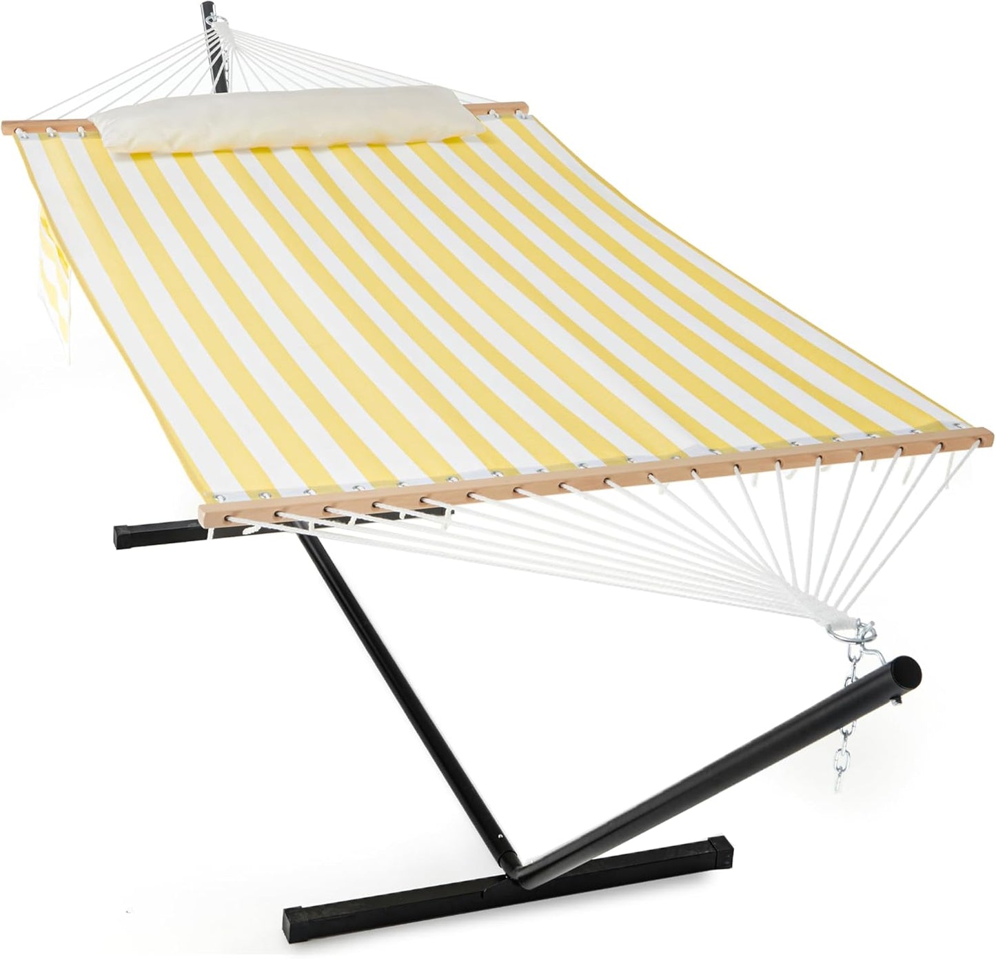 Waterproof Double Hammock with Stand for Outside Heavy Duty, 2 Person 55'' Large Quick Dry Textilene Hammocks with Hardwood Spreader Bar, Pillow, Pockets, for Outdoor, 475lbs Capacity (Coffee)