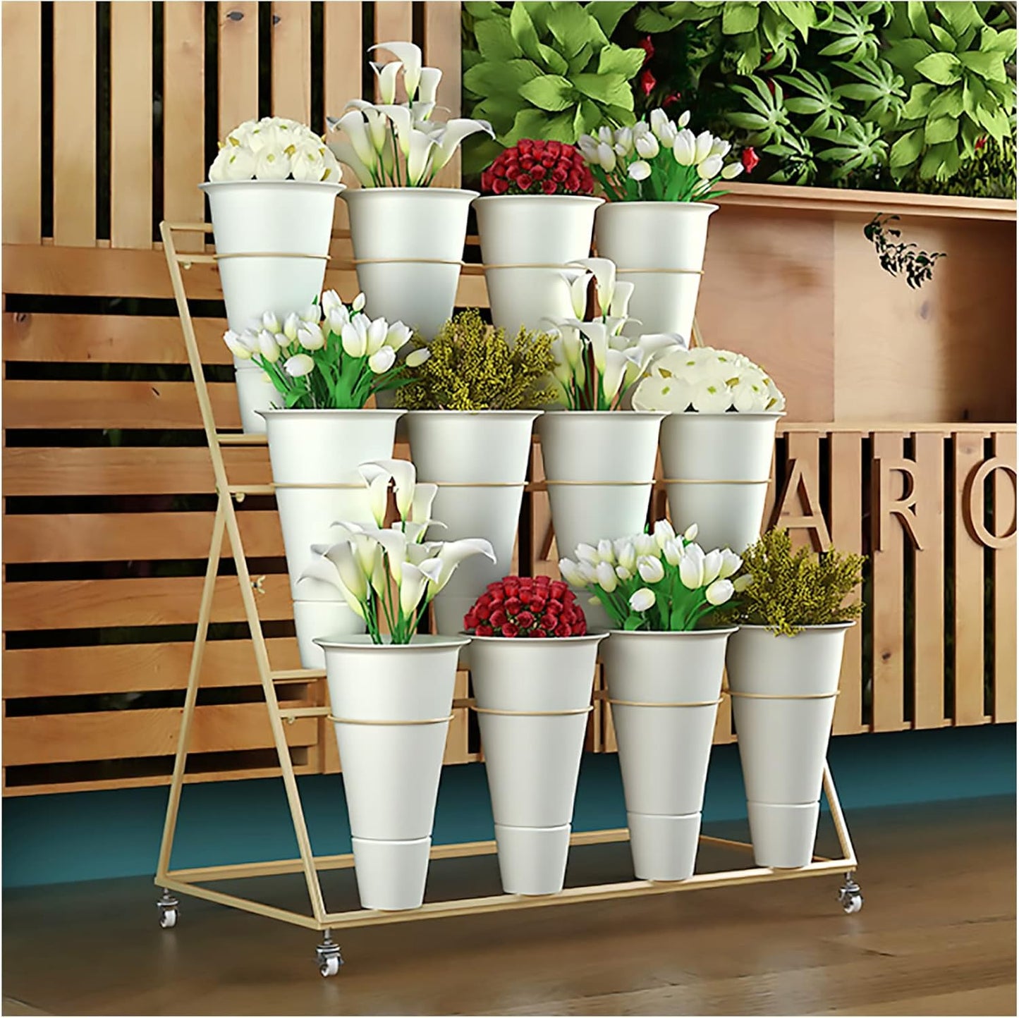 Flower Display Stand, 3 Layers Heavy Duty Moving Plant Cart Shelf With Wheels and Bucket, Wrought Iron Florist Shelf, for Patio Garden, Living Room, Outdoor Flower Pop-Up Events (Golden Iron Frame)