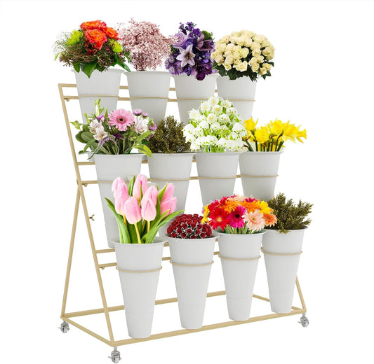 Flower Display Stand, 3 Layers Heavy Duty Moving Plant Cart Shelf With Wheels and Bucket, Wrought Iron Florist Shelf, for Patio Garden, Living Room, Outdoor Flower Pop-Up Events (Golden Iron Frame)