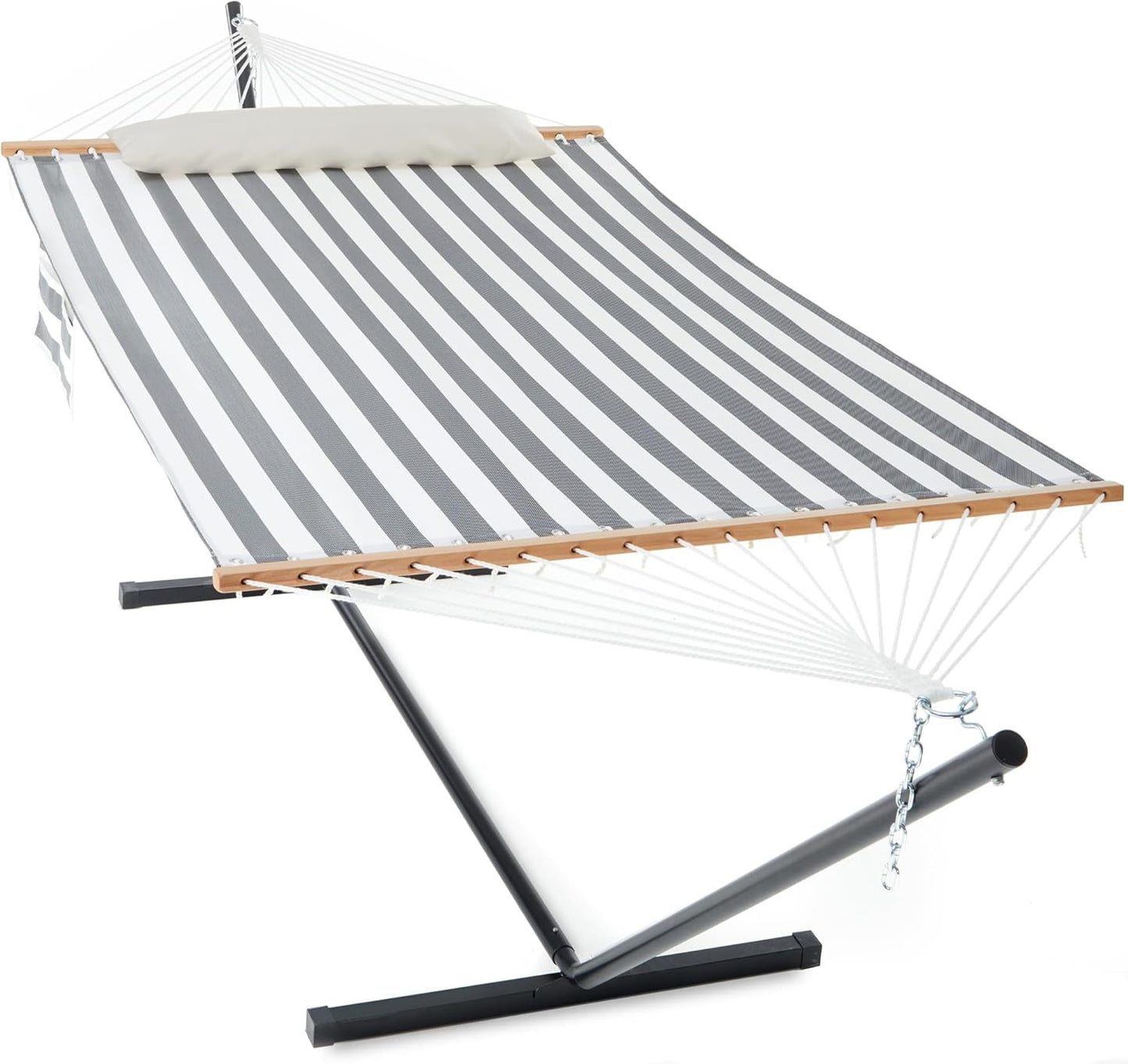 Waterproof Double Hammock with Stand for Outside Heavy Duty, 2 Person 55'' Large Quick Dry Textilene Hammocks with Hardwood Spreader Bar, Pillow, Pockets, for Outdoor, 475lbs Capacity (Coffee)