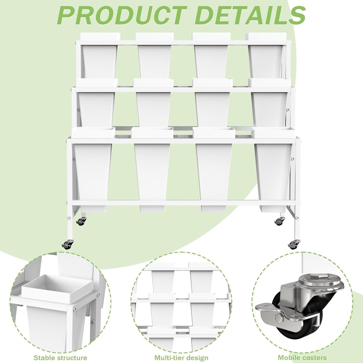 Flower Display Stand with 12 Buckets, 3 Layers Flower Cart White Metal Flower Bar Stand with Wheels, Moving Florist Bouquet Shelf for Indoor Outdoor Patio Garden Weddings Florist Living Room