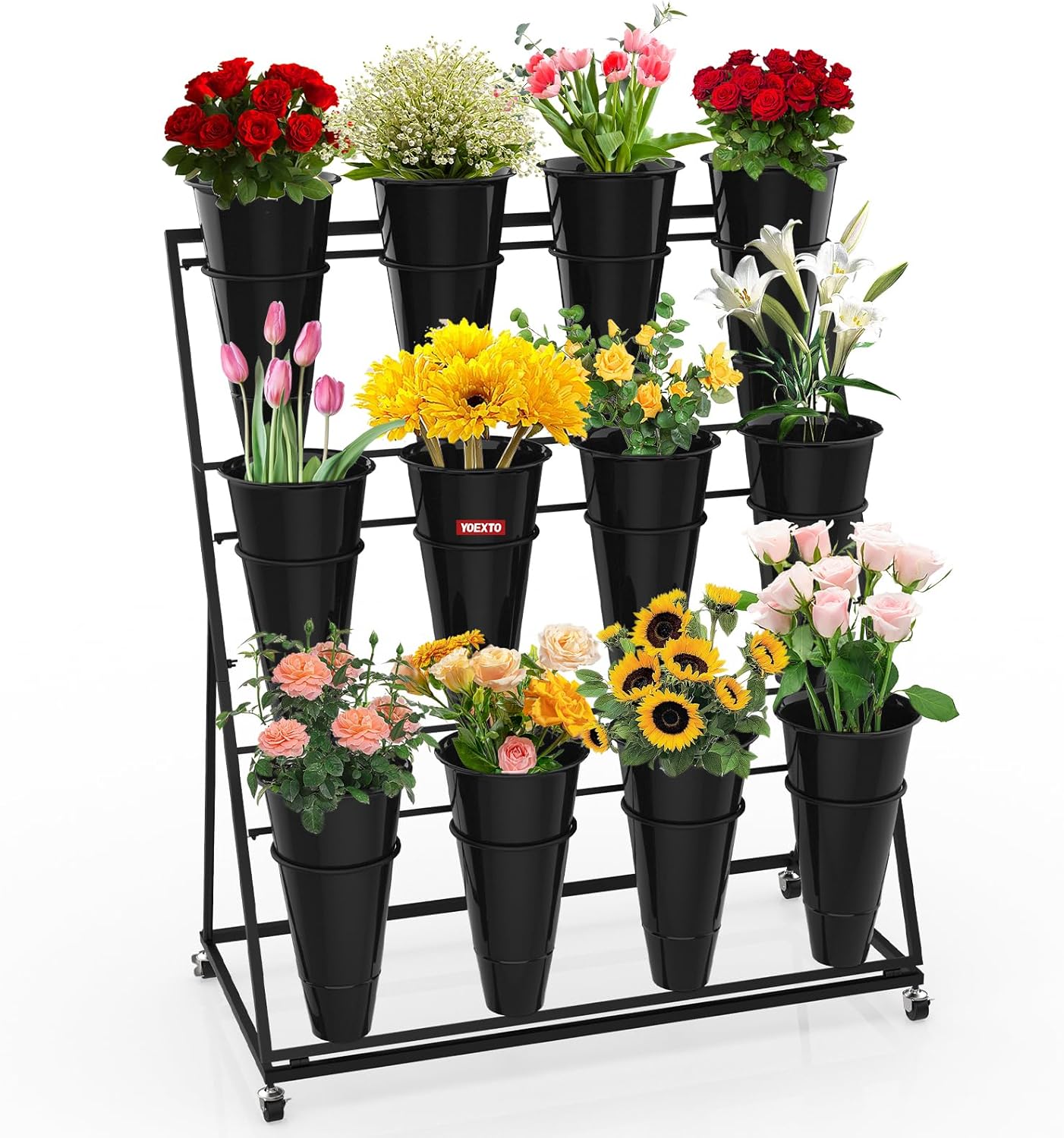 Flower Display Stand 4 Layers with 16 PCS Round Buckets, Plant Stand with Wheels, Movable Metal Plant Stand for Terrace Garden, Florist Shop