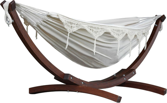 Vivere Double Cotton Hammock with Solid Pine Arc Stand - 450 lb Capacity, Durable FSC Wood Frame, Includes Hardware & User Guide - 450 lb Weight Capacity