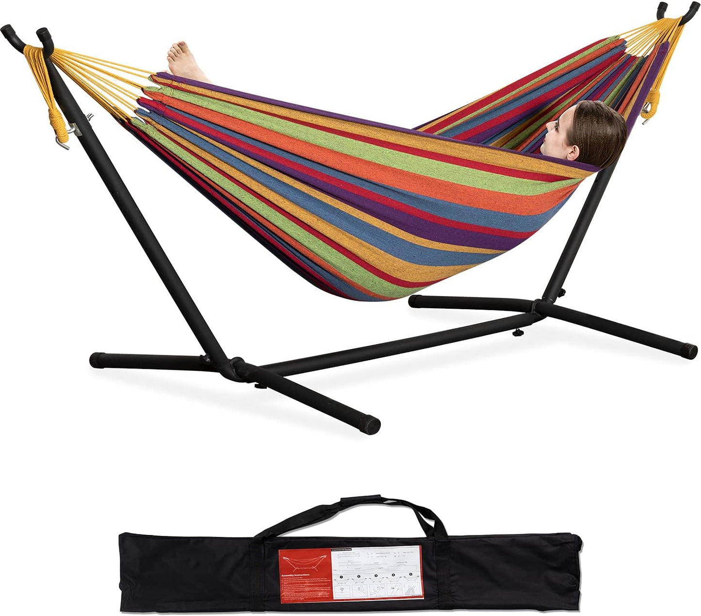 PNAEUT Double Hammocks with Stand for Outside, Portable Space Saving Heavy-Duty Steel Stand for Indoor Outdoor Patio with Carrying Bag, 450 lbs Capacity (Navy)
