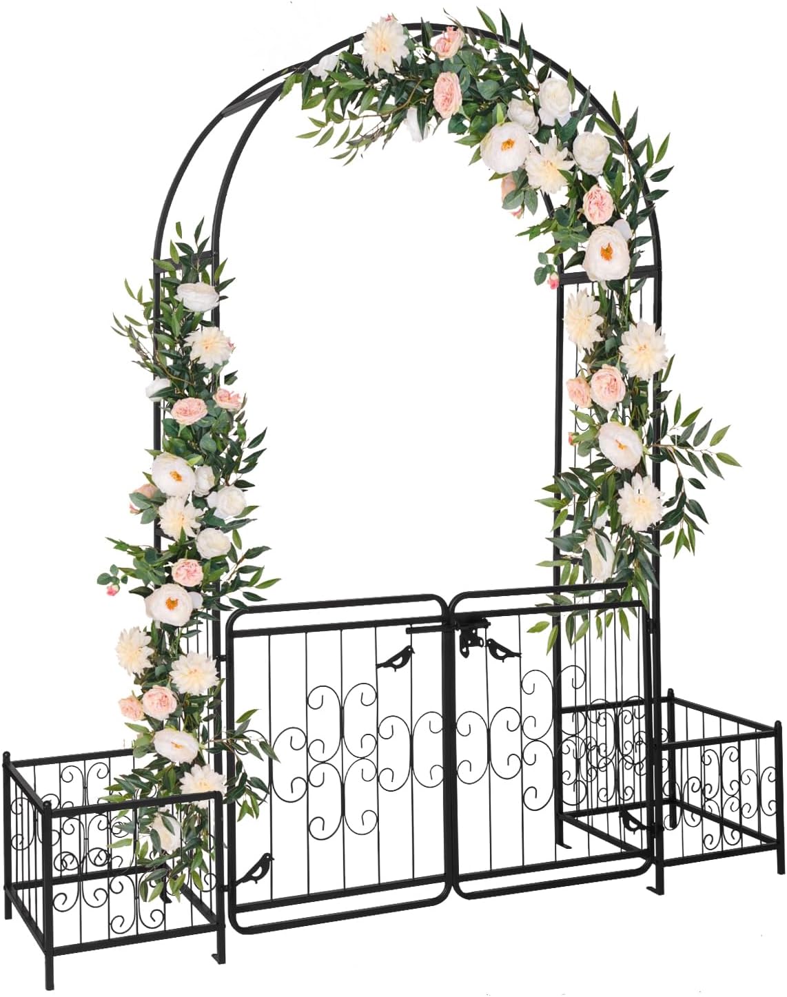 Outvita 7FT Garden Arch Arbor, Heavy Duty Metal Arbour Archway, Decorative Frame Stand Trellis with 7 Inch Ground Stakes for Wedding Ceremony Party Plant Climbing Rose Vines Lawn Courtyard Patio Black
