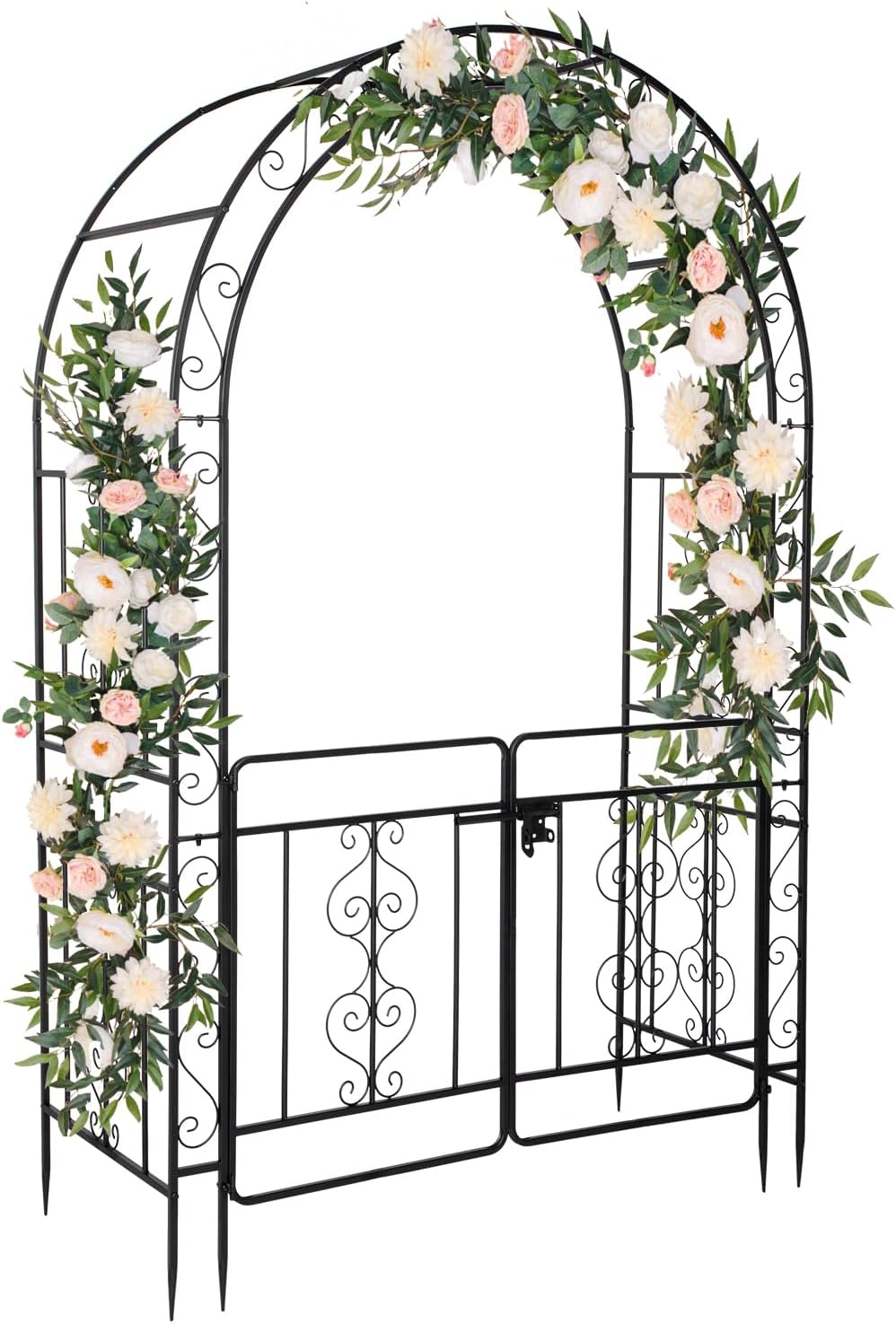 Outvita 7FT Garden Arch Arbor, Heavy Duty Metal Arbour Archway, Decorative Frame Stand Trellis with 7 Inch Ground Stakes for Wedding Ceremony Party Plant Climbing Rose Vines Lawn Courtyard Patio Black