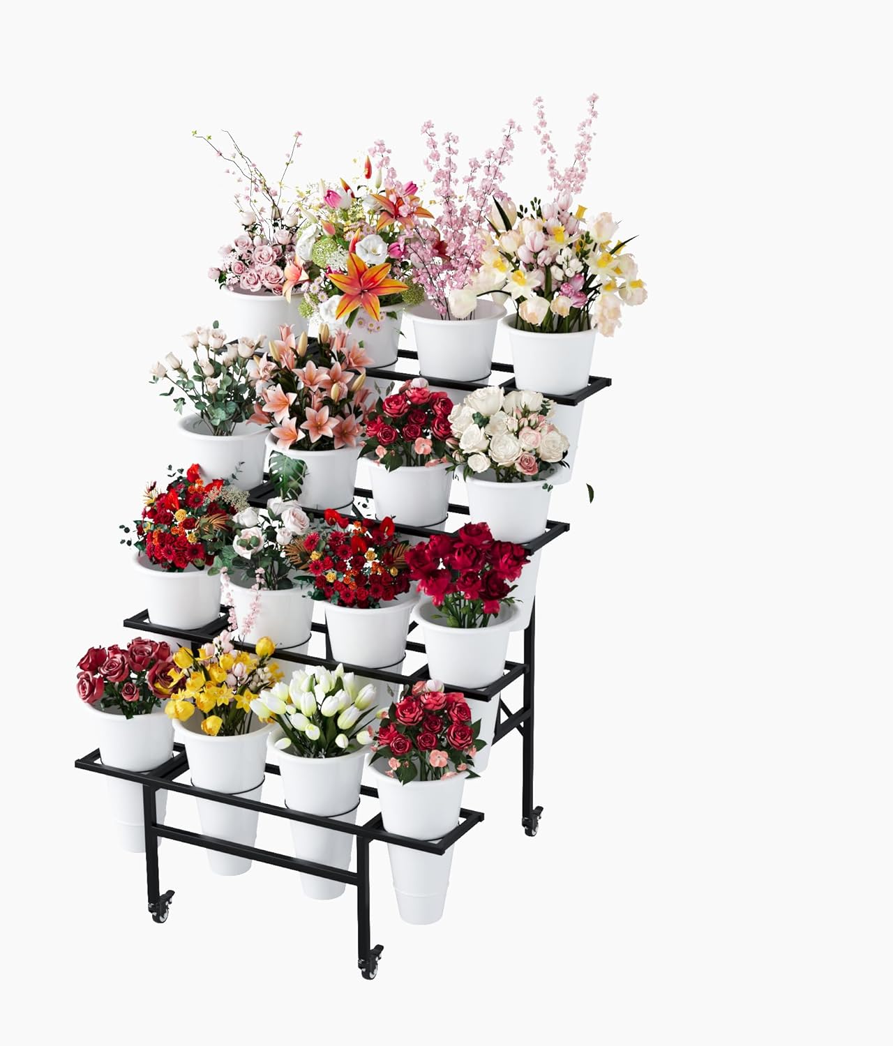 Zhongma Flower Display Stand with 16pcs Plastic Buckets for Fresh Flowers Heavy Duty Garden Cart Moving Flower Bucket Stand with Wheels.