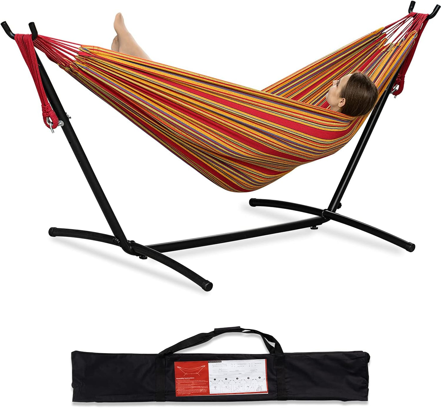 PNAEUT Double Hammocks with Stand for Outside, Portable Space Saving Heavy-Duty Steel Stand for Indoor Outdoor Patio with Carrying Bag, 450 lbs Capacity (Navy)