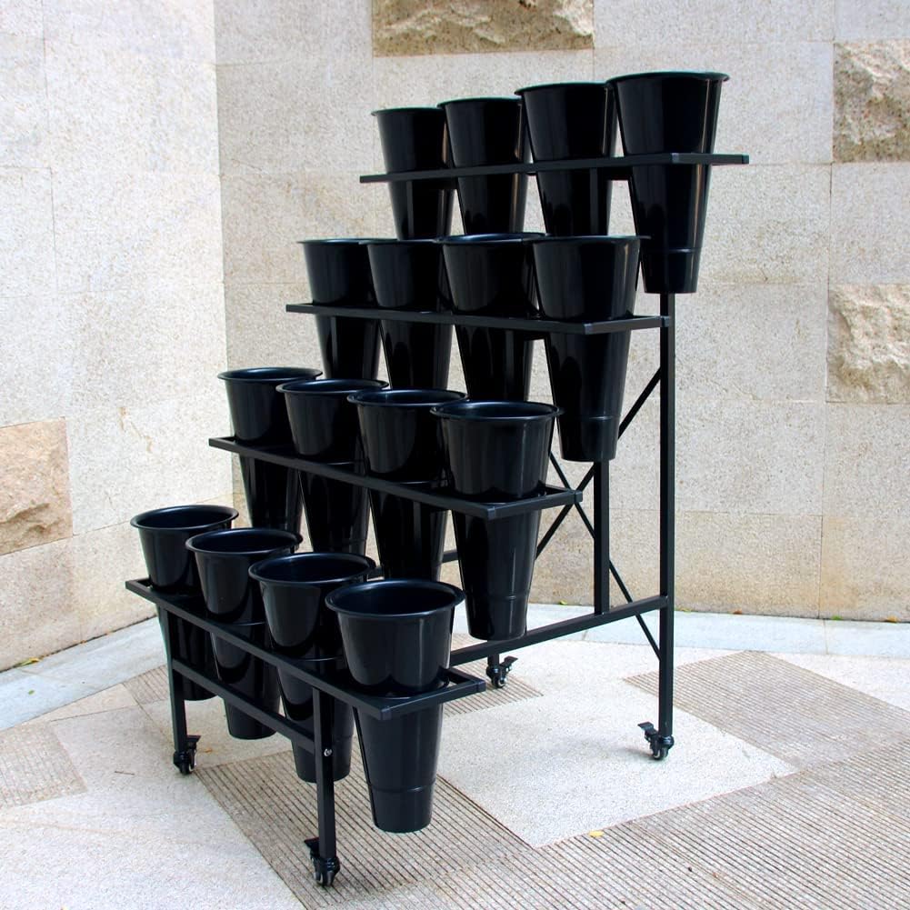 Zhongma Flower Display Stand with 16pcs Plastic Buckets for Fresh Flowers Heavy Duty Garden Cart Moving Flower Bucket Stand with Wheels.