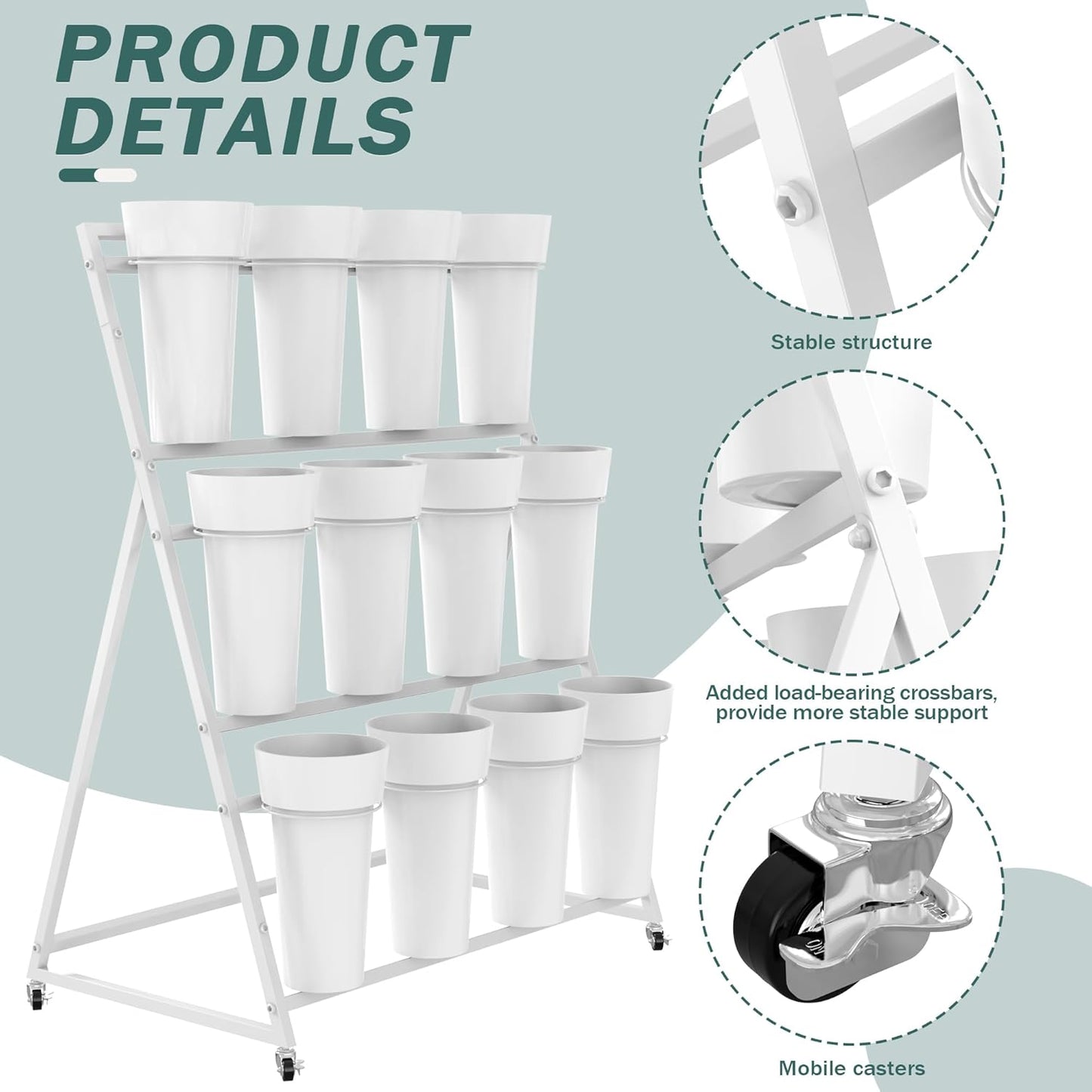 Asee'm Flower Display Stand with Buckets, 3-Layer Metal Flower Stand, Heavy Duty Movable Flower Bar with Wheels Flower Cart for Indoor Flower Shop Terrace Gardens Wedding Outdoor Flower Events White