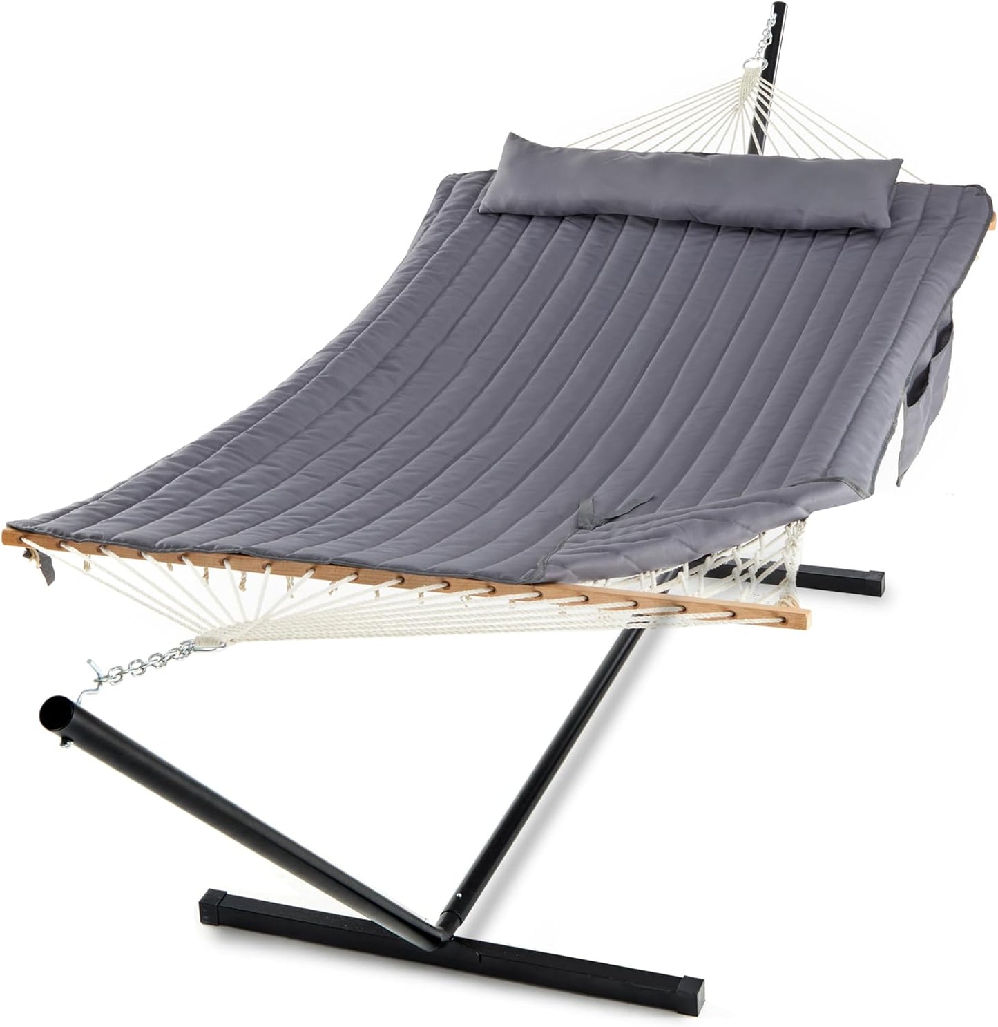 PNAEUT Double Rope Hammock with Stand Included, 12ft Heavy Duty Stand, 2 Person Traditional Cotton Rope Hammocks with Pillow for Outside Porch Patio Backyard Outdoor, Max 475lbs Capacity (Burlywood)