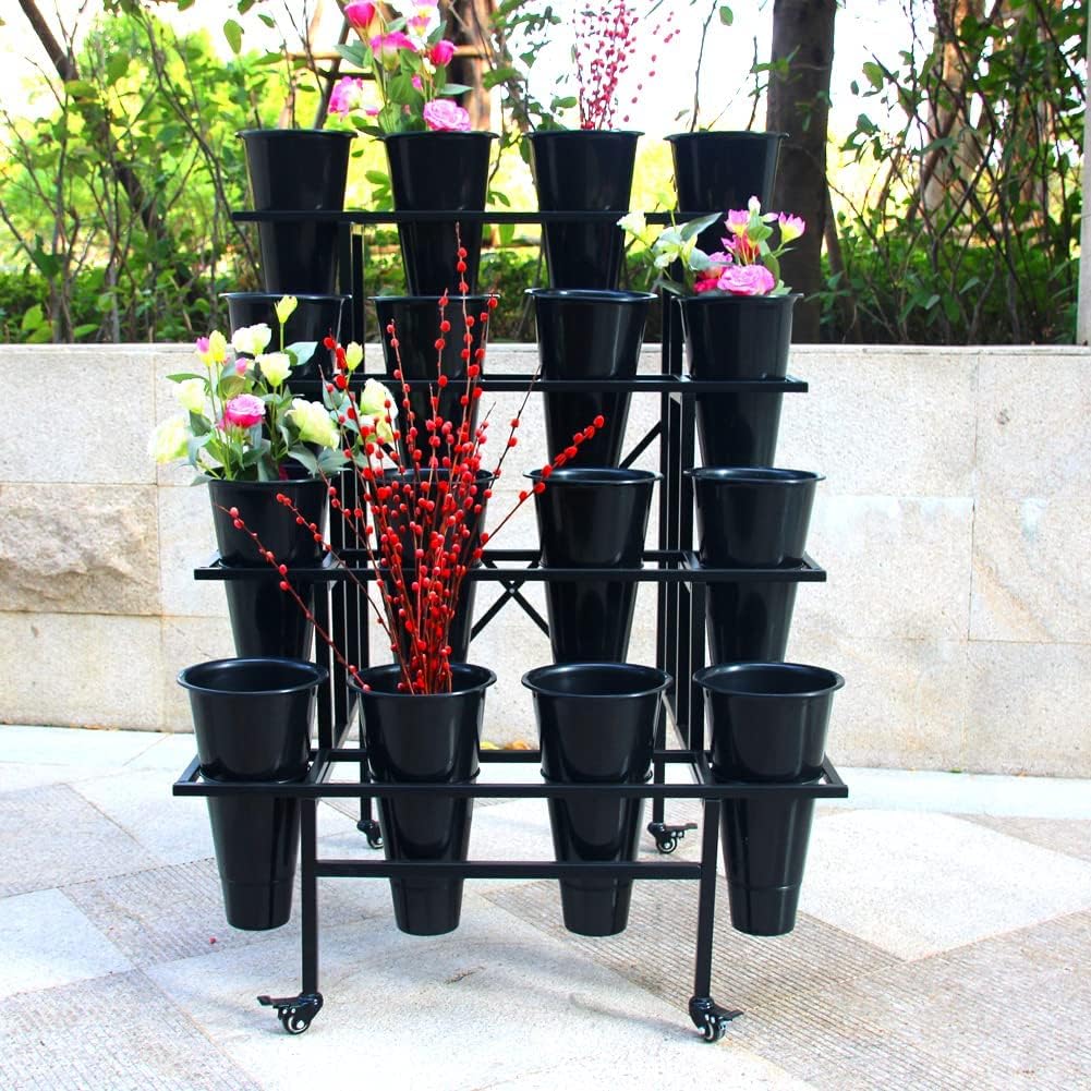 Zhongma Flower Display Stand with 16pcs Plastic Buckets for Fresh Flowers Heavy Duty Garden Cart Moving Flower Bucket Stand with Wheels.
