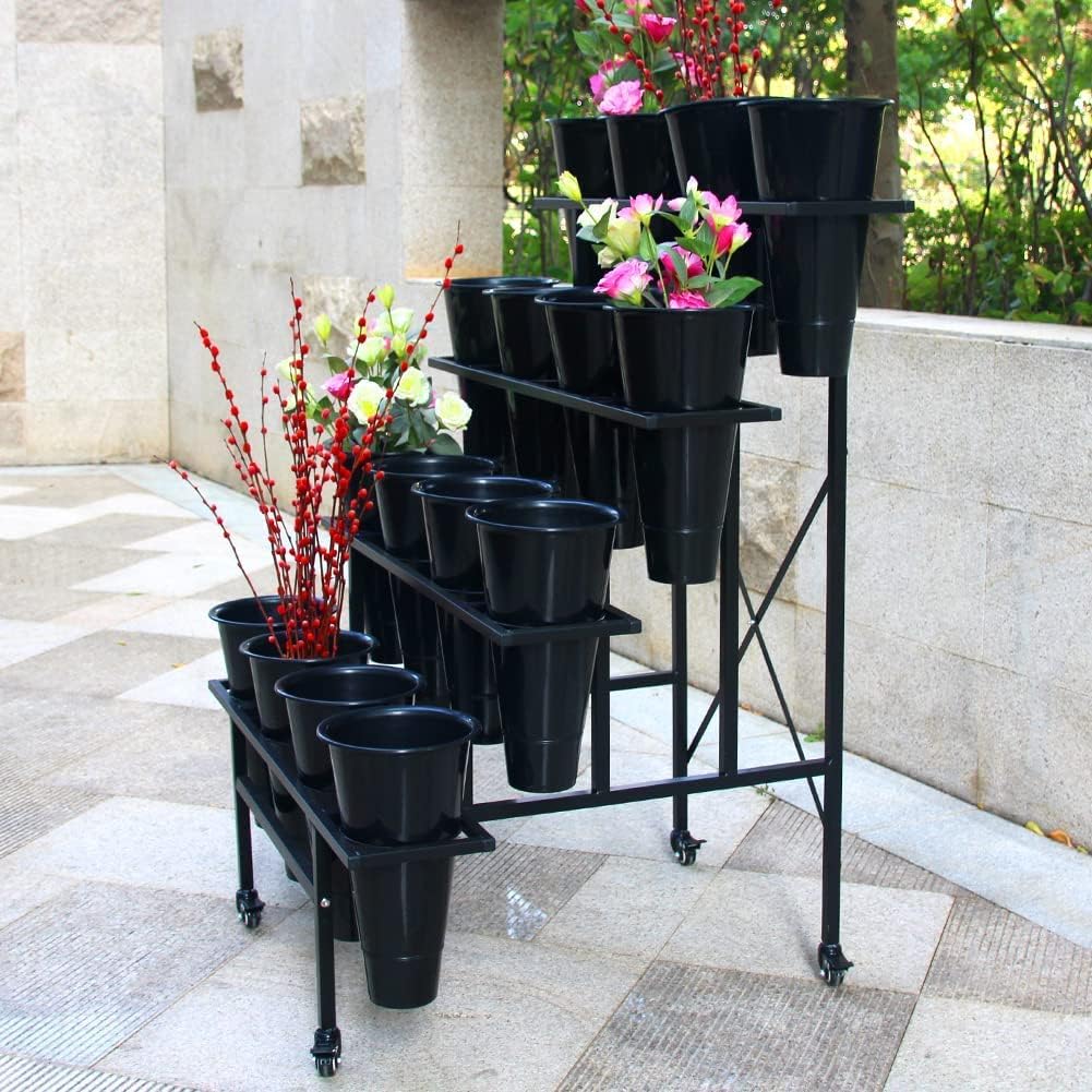 Zhongma Flower Display Stand with 16pcs Plastic Buckets for Fresh Flowers Heavy Duty Garden Cart Moving Flower Bucket Stand with Wheels.