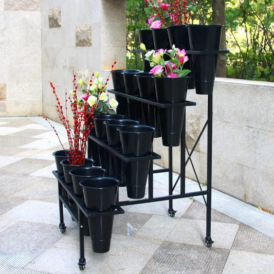 Zhongma Flower Display Stand with 16pcs Plastic Buckets for Fresh Flowers Heavy Duty Garden Cart Moving Flower Bucket Stand with Wheels.