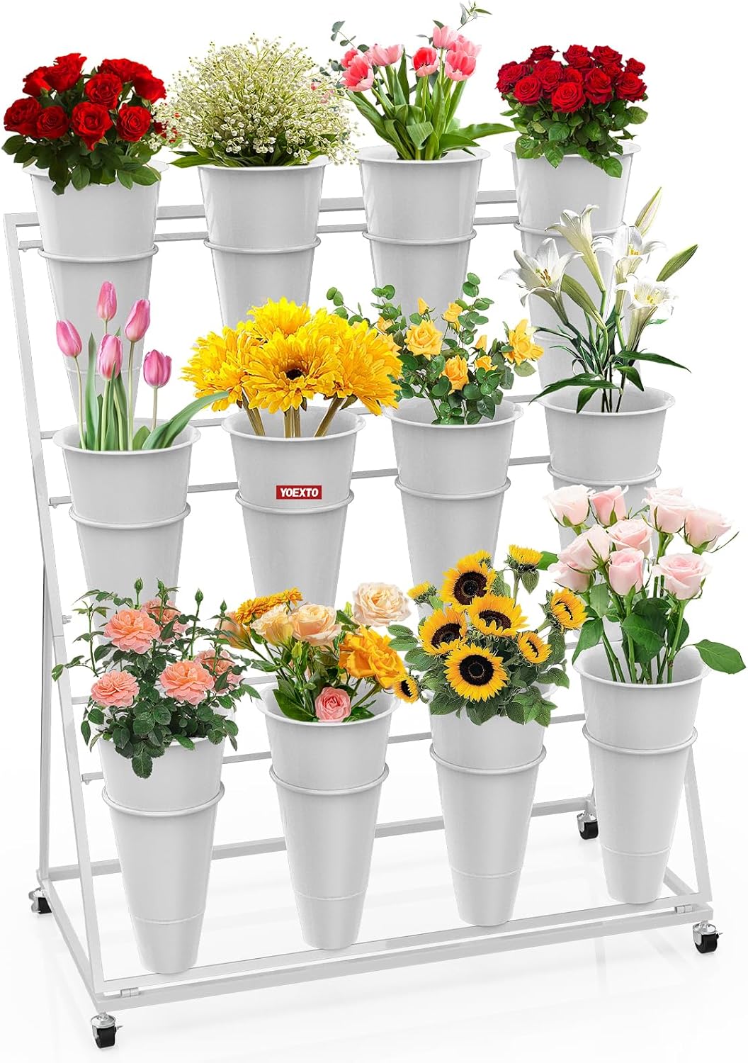 Flower Display Stand 4 Layers with 16 PCS Round Buckets, Plant Stand with Wheels, Movable Metal Plant Stand for Terrace Garden, Florist Shop