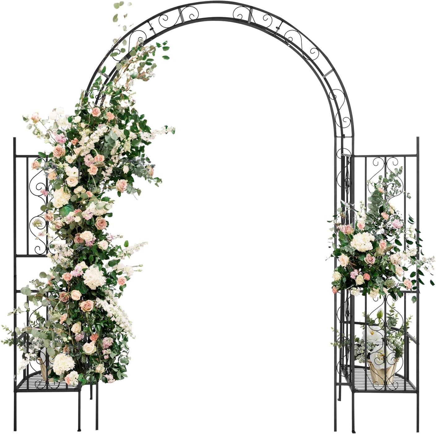 Outvita 7FT Garden Arch Arbor, Heavy Duty Metal Arbour Archway, Decorative Frame Stand Trellis with 7 Inch Ground Stakes for Wedding Ceremony Party Plant Climbing Rose Vines Lawn Courtyard Patio Black