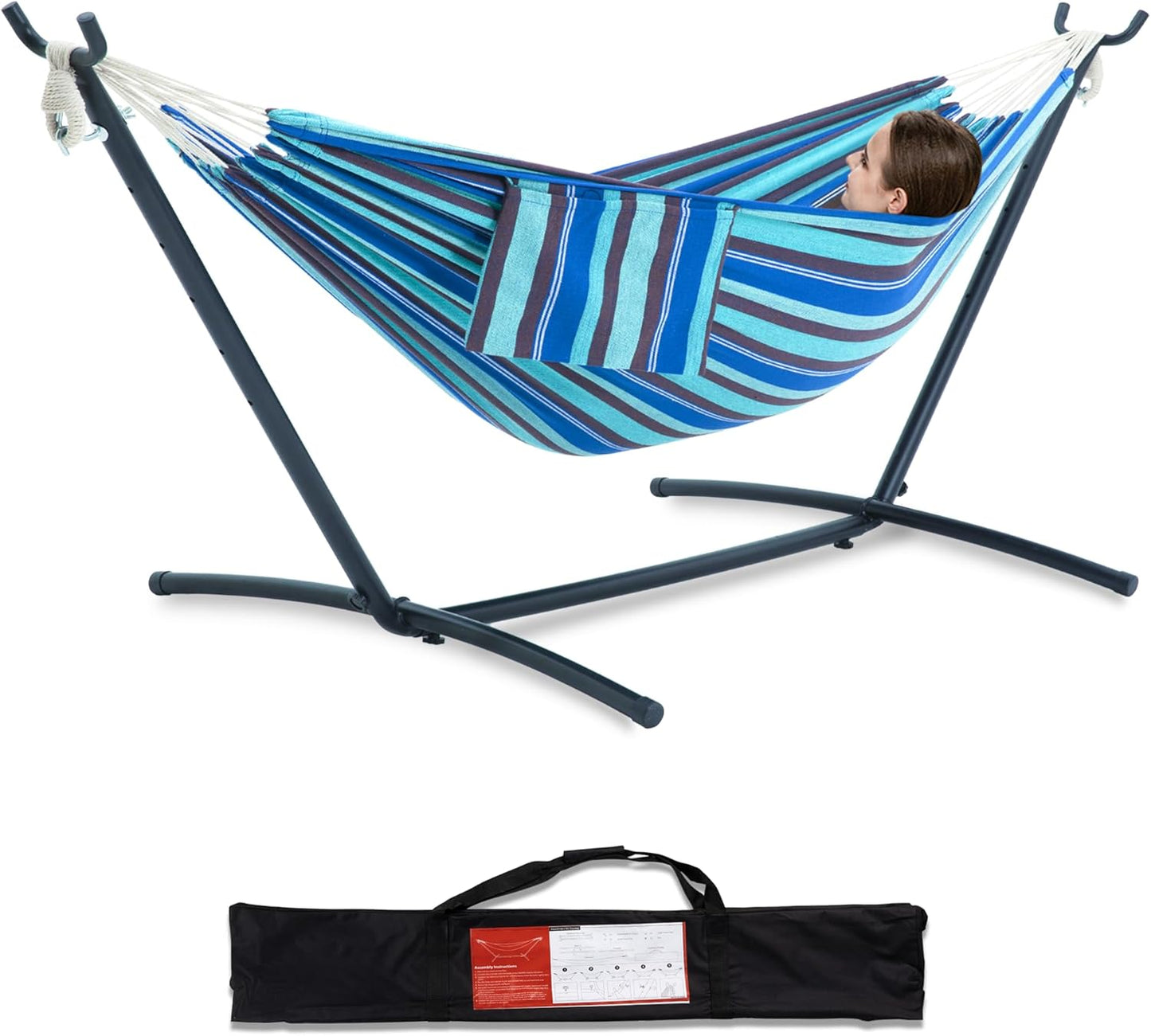 PNAEUT Double Hammocks with Stand for Outside, Portable Space Saving Heavy-Duty Steel Stand for Indoor Outdoor Patio with Carrying Bag, 450 lbs Capacity (Navy)
